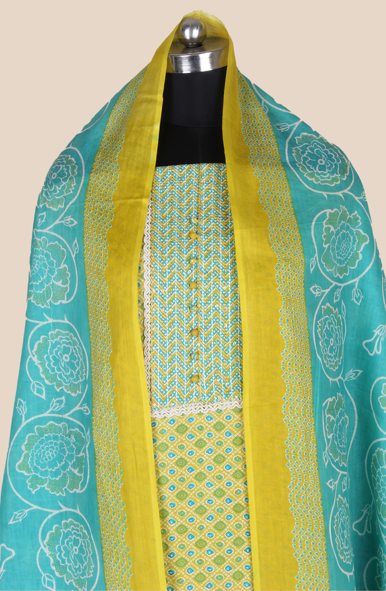 Mehndi Green Cotton Printed Salwar Suit Fabric with Lace Work - 983-5061B
