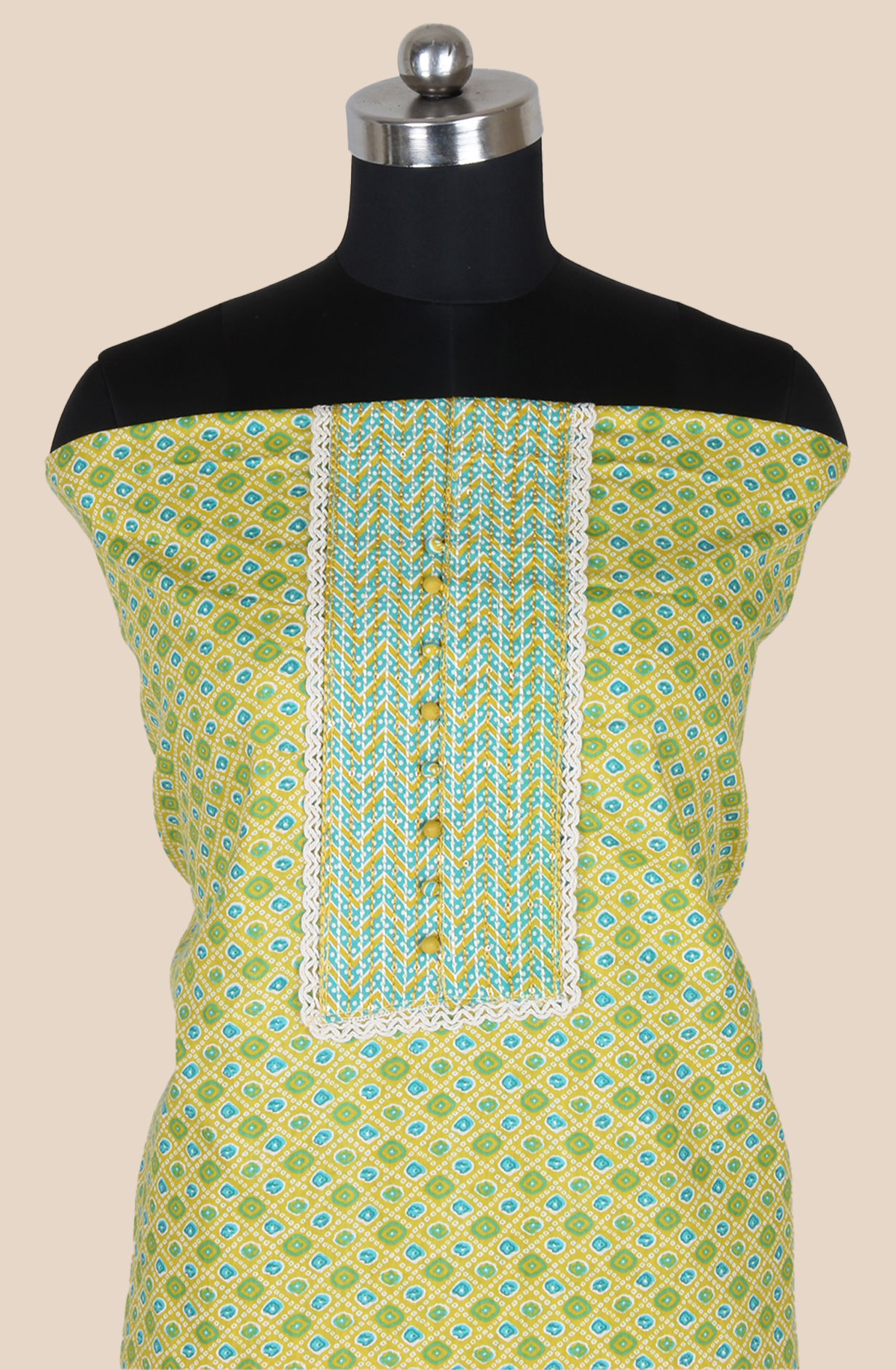 Mehndi Green Cotton Printed Salwar Suit Fabric with Lace Work - 983-5061B