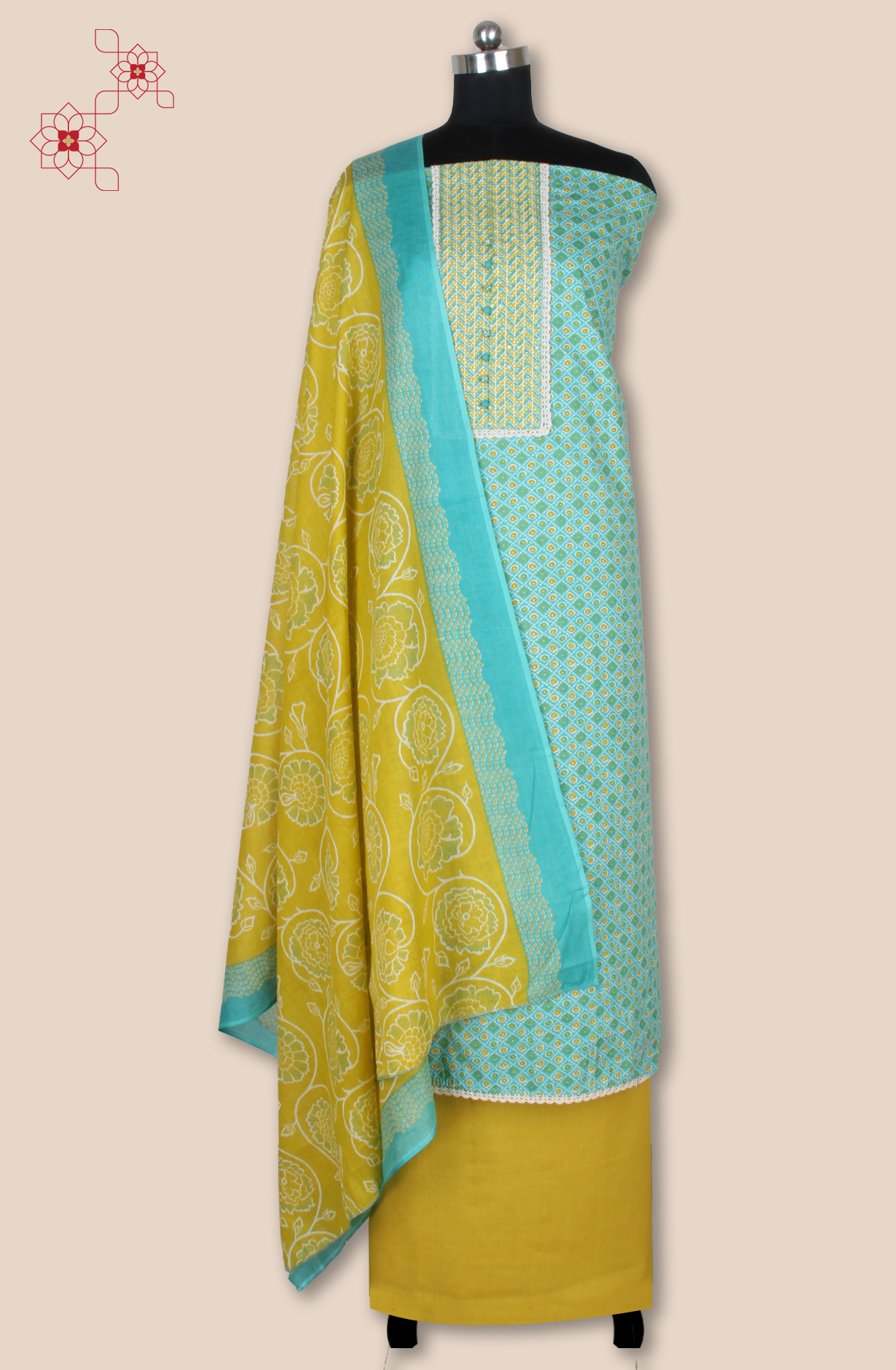 Mehndi Green and Mustard Cotton Printed Salwar Suit Fabric with Lace Work - 983-5061C
