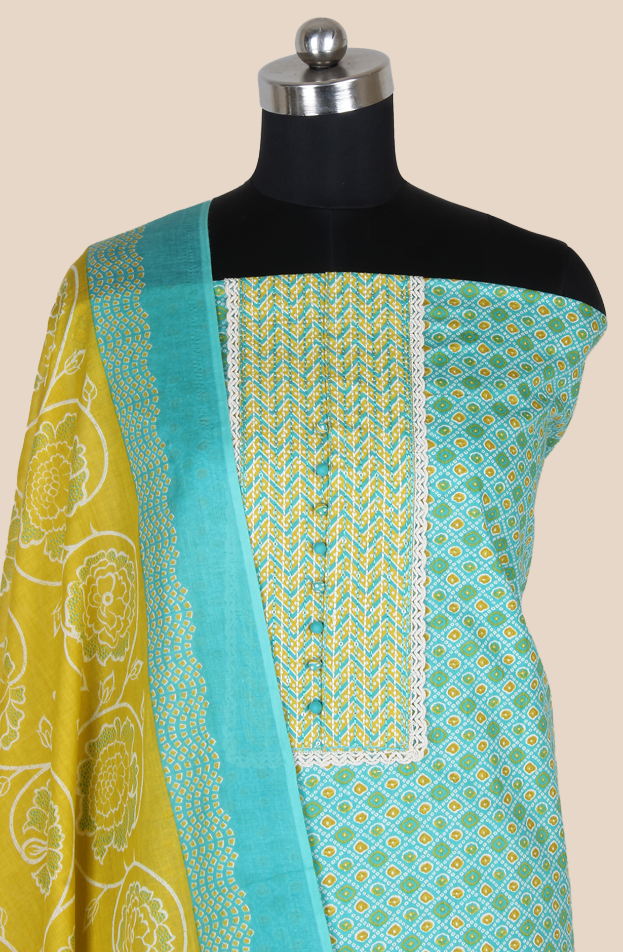 Mehndi Green and Mustard Cotton Printed Salwar Suit Fabric with Lace Work - 983-5061C