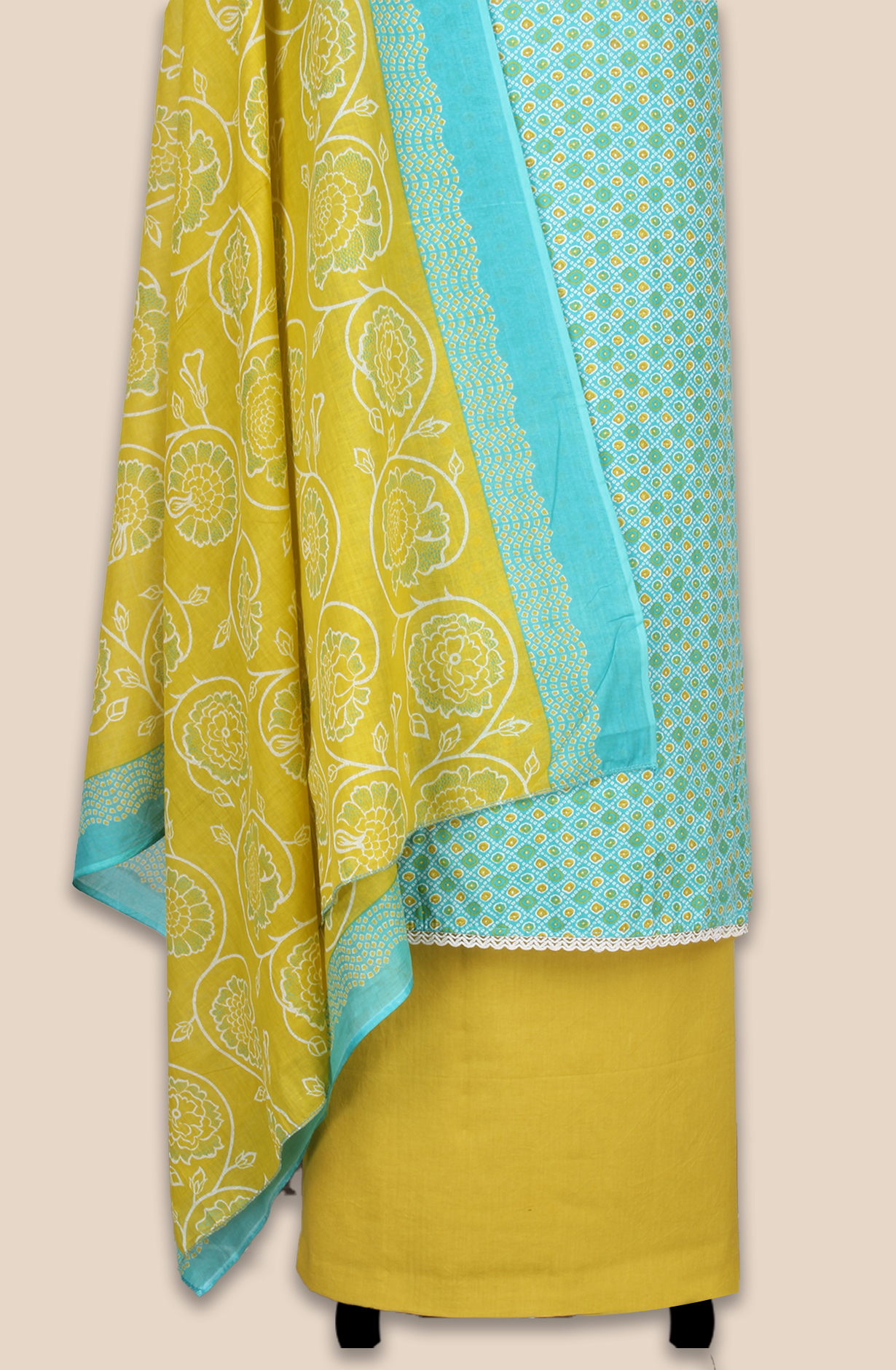 Mehndi Green and Mustard Cotton Printed Salwar Suit Fabric with Lace Work - 983-5061C