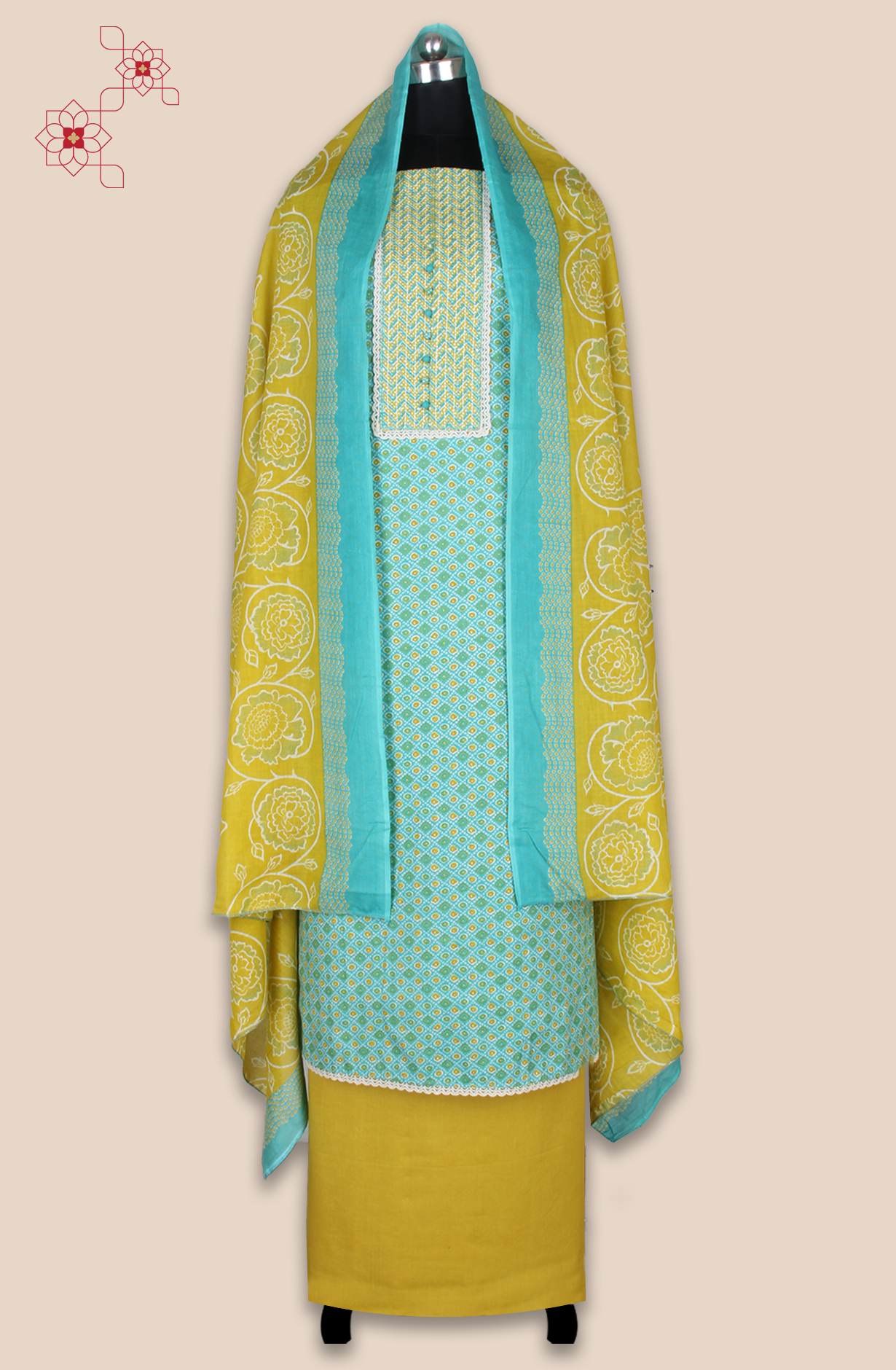 Mehndi Green and Mustard Cotton Printed Salwar Suit Fabric with Lace Work - 983-5061C