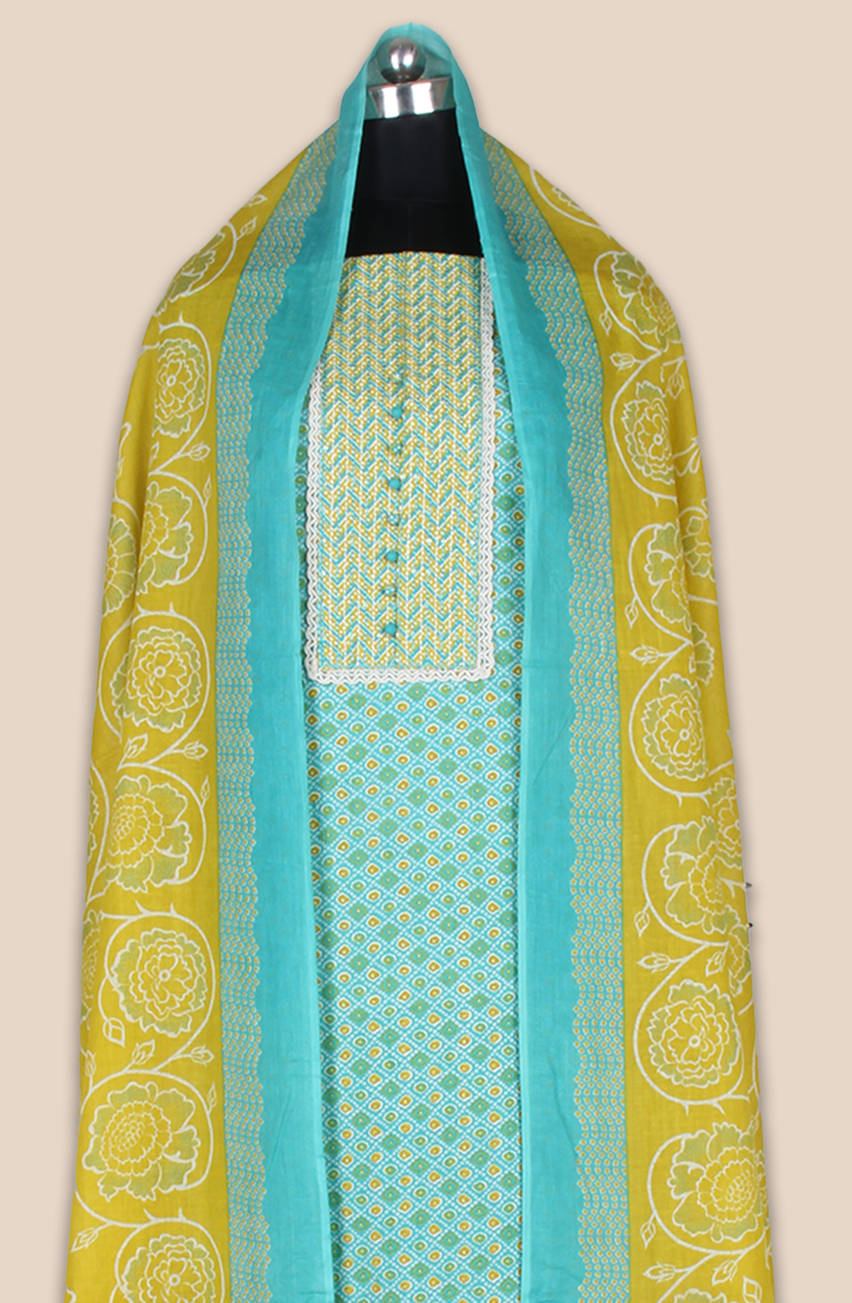 Mehndi Green and Mustard Cotton Printed Salwar Suit Fabric with Lace Work - 983-5061C