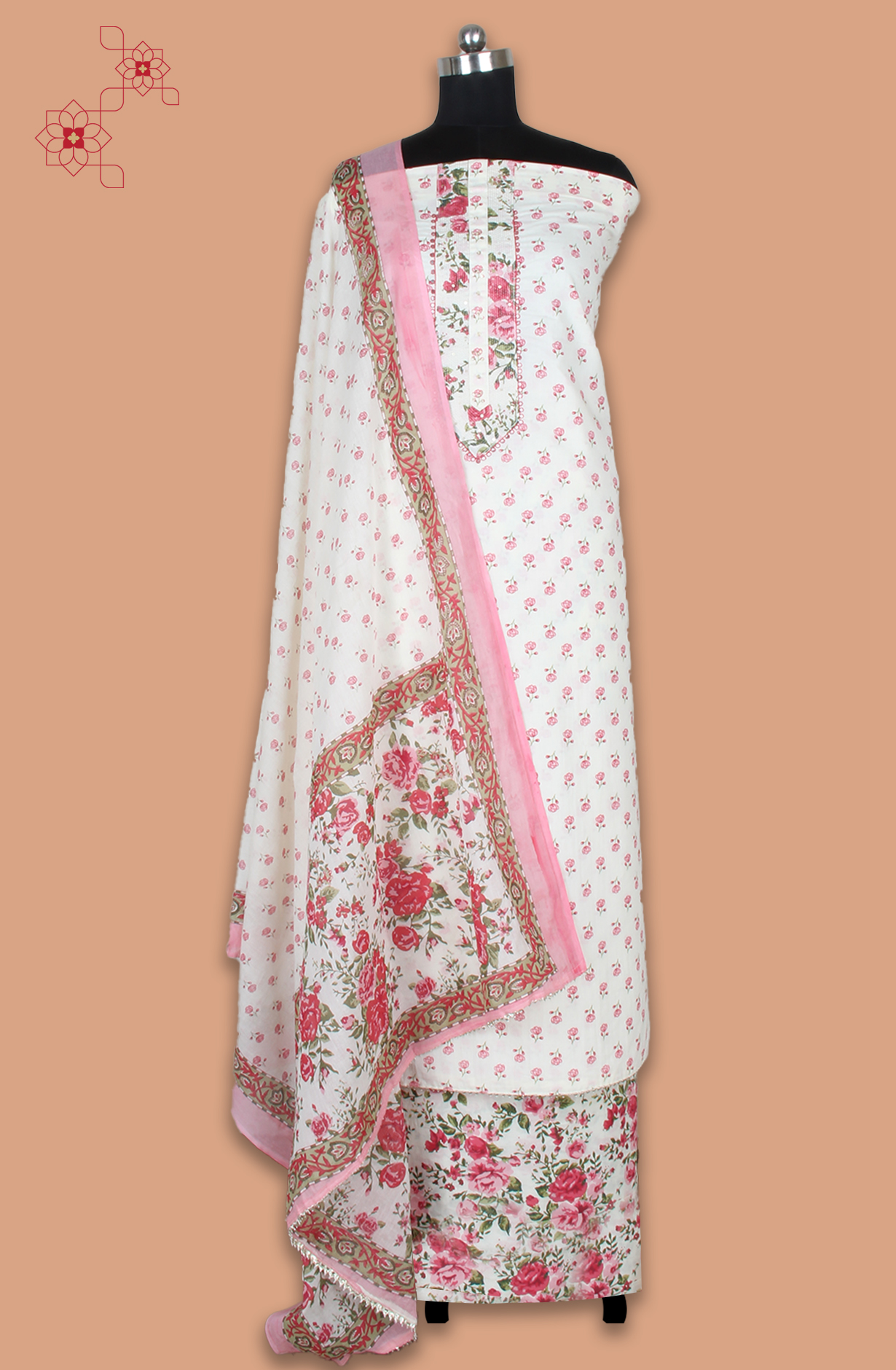 Pink and Off-white Cotton Printed Unstitched Salwar Suit Fabric - 983-5084B