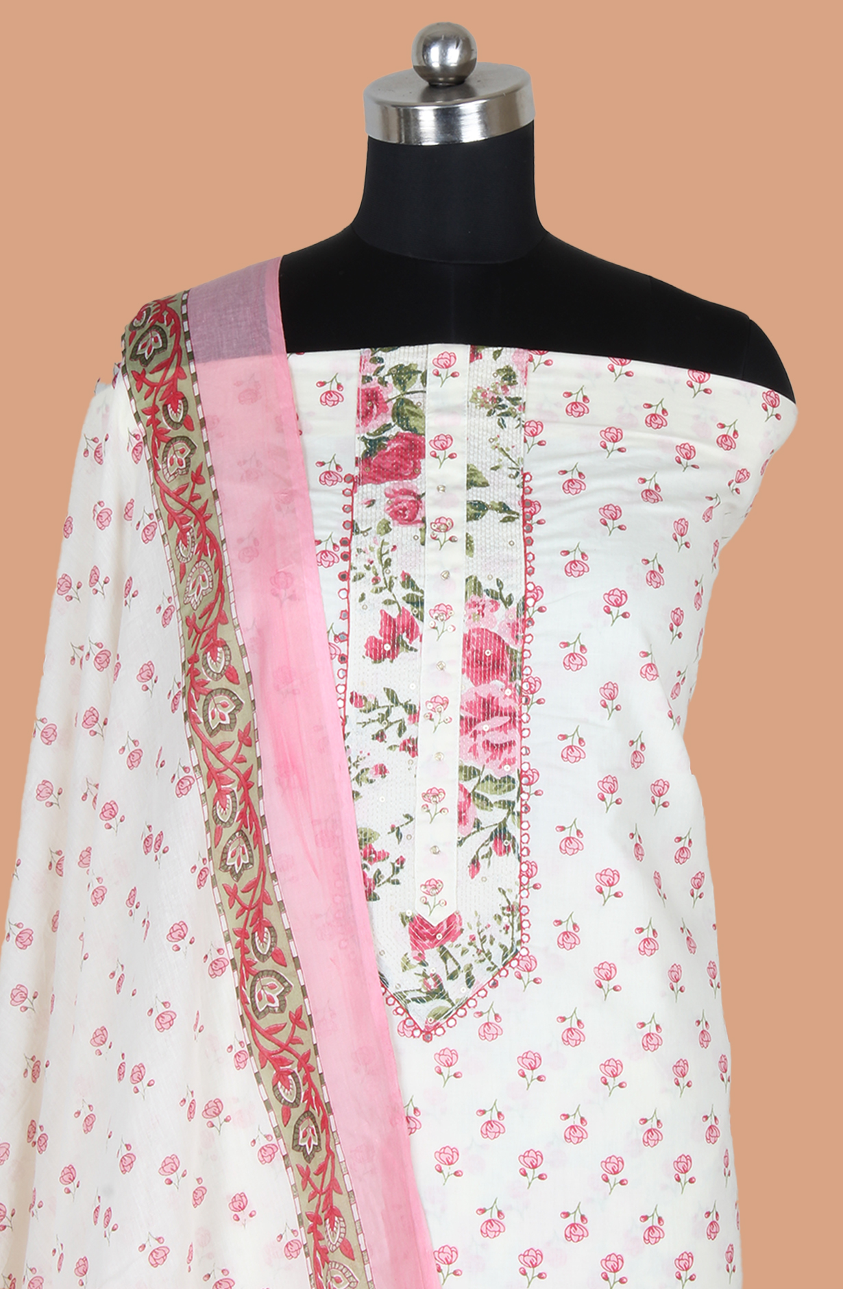 Pink and Off-white Cotton Printed Unstitched Salwar Suit Fabric - 983-5084B