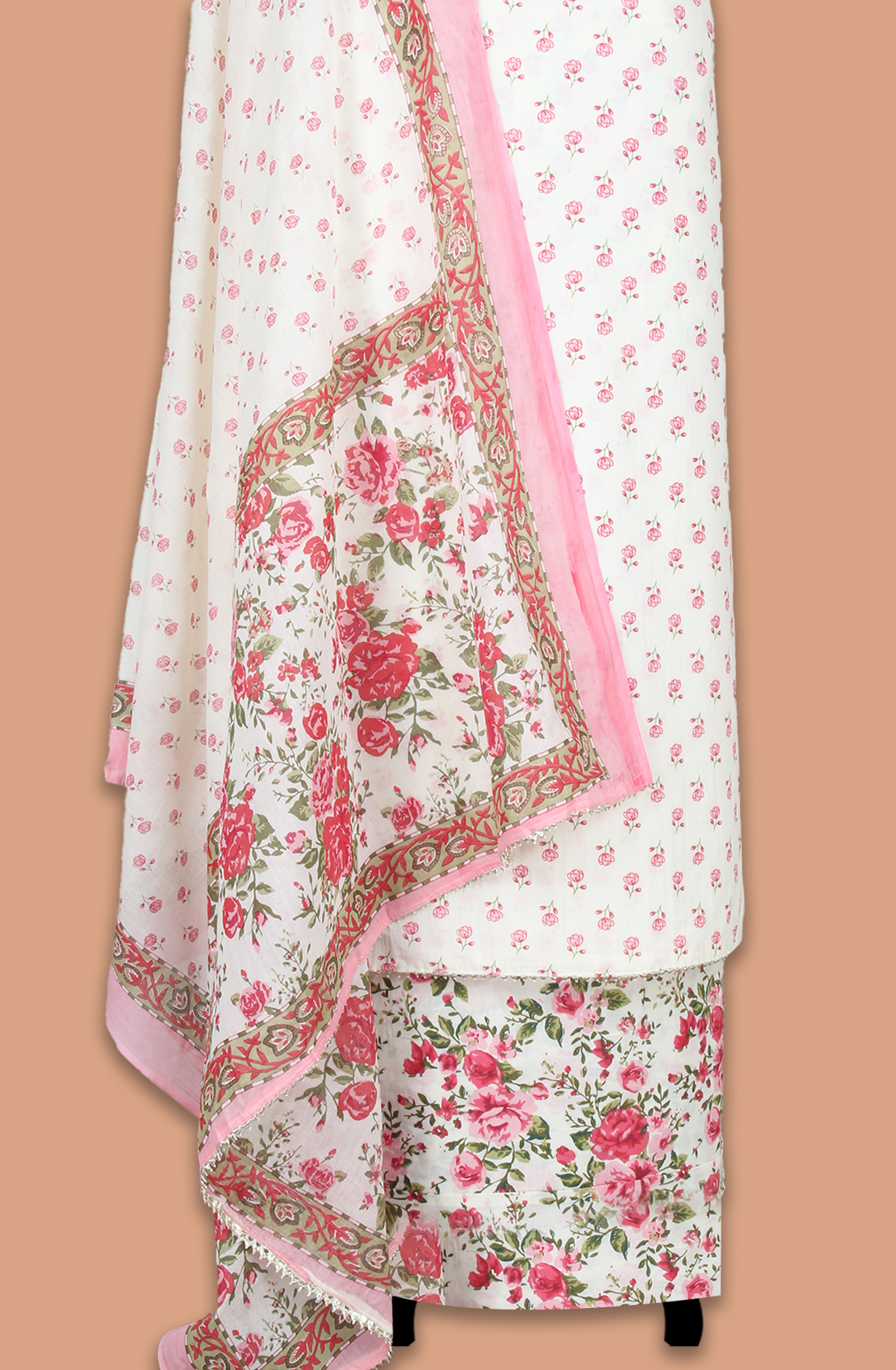 Pink and Off-white Cotton Printed Unstitched Salwar Suit Fabric - 983-5084B