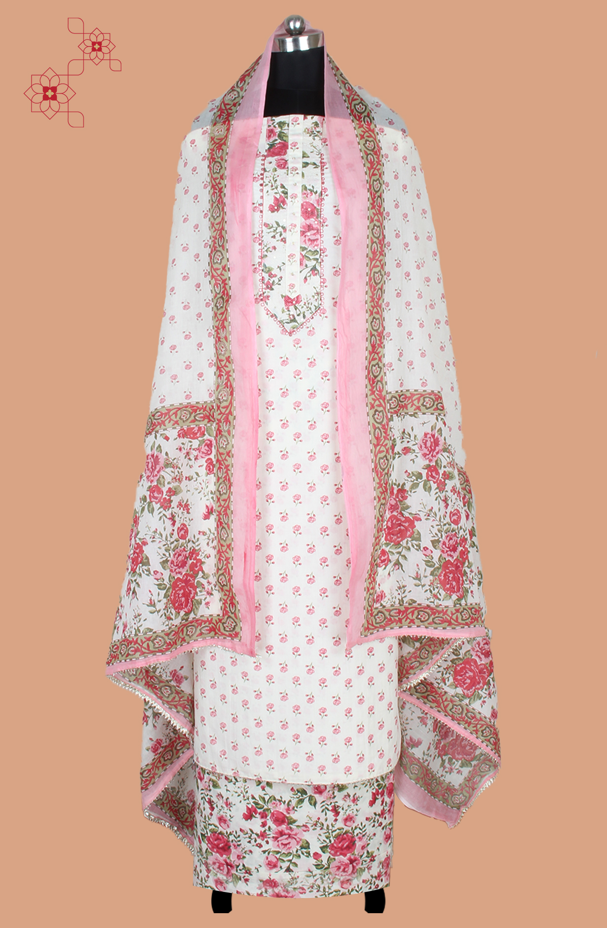 Pink and Off-white Cotton Printed Unstitched Salwar Suit Fabric - 983-5084B