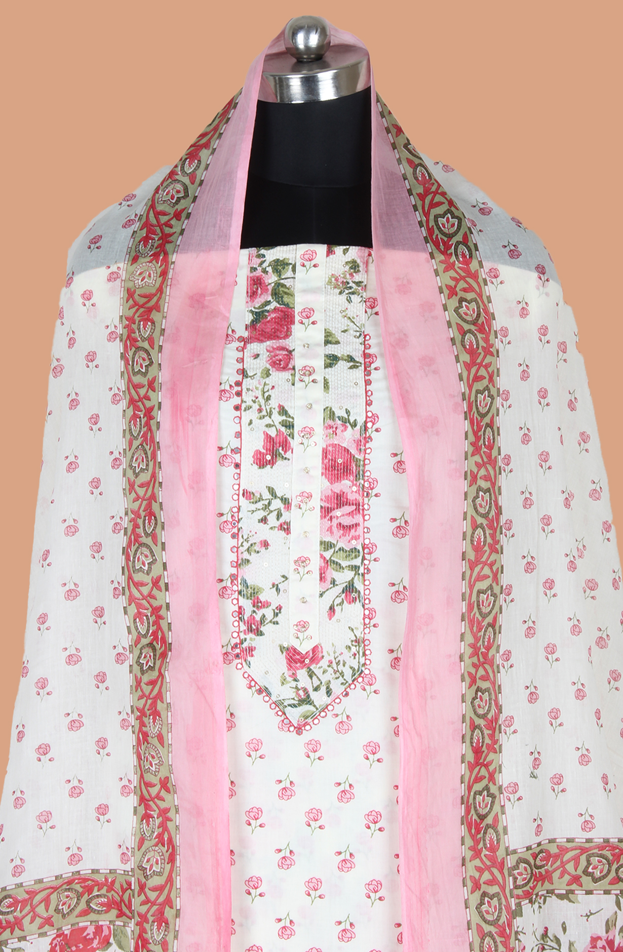 Pink and Off-white Cotton Printed Unstitched Salwar Suit Fabric - 983-5084B