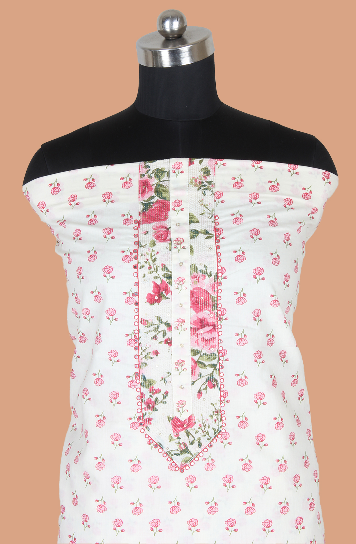 Pink and Off-white Cotton Printed Unstitched Salwar Suit Fabric - 983-5084B