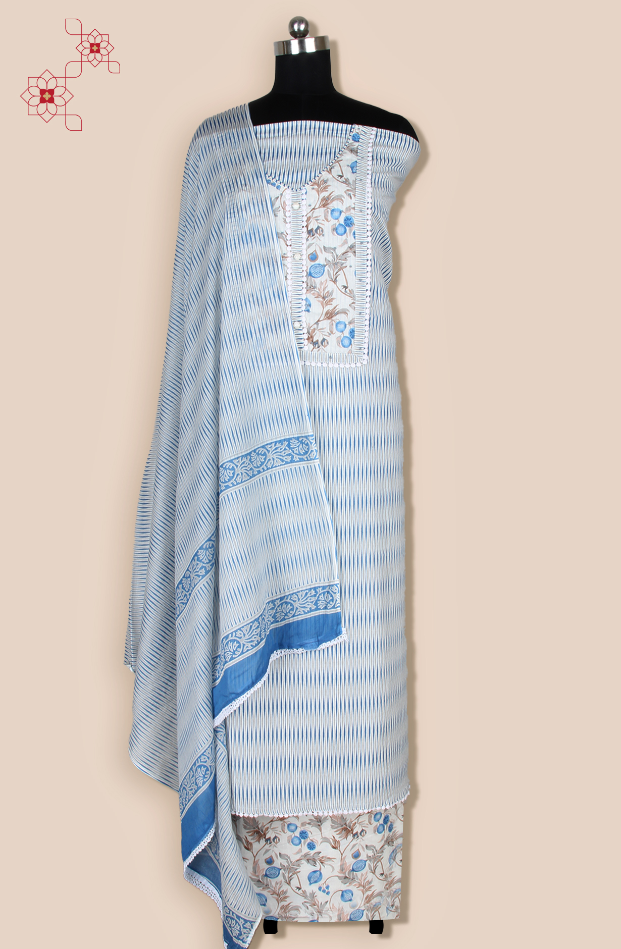 Off-white and Blue Cotton Unstitched Printed Salwar Dress Material - 983-5108