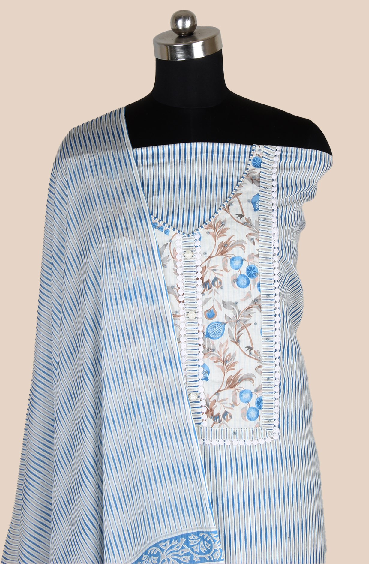 Off-white and Blue Cotton Unstitched Printed Salwar Dress Material - 983-5108