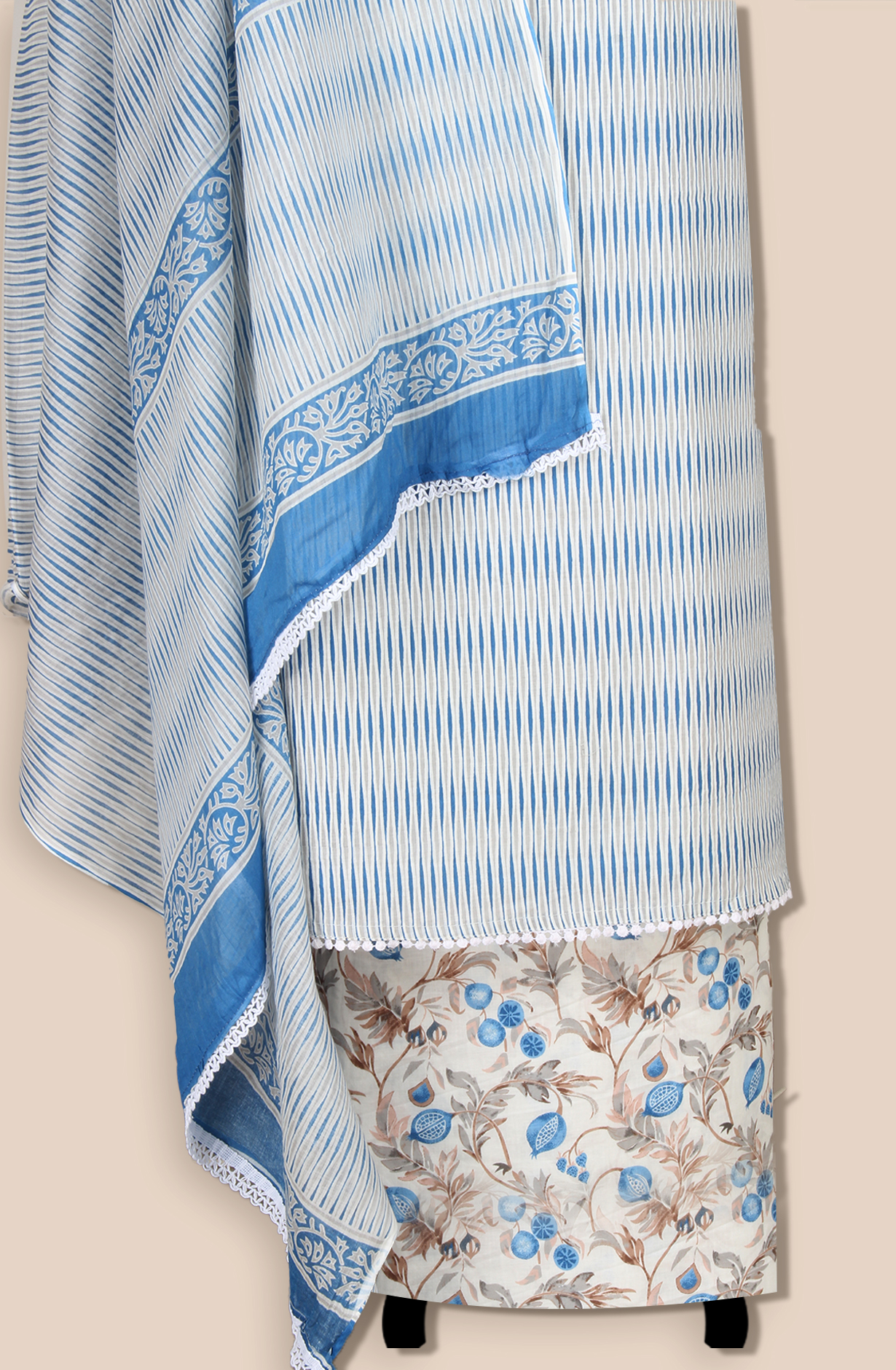 Off-white and Blue Cotton Unstitched Printed Salwar Dress Material - 983-5108