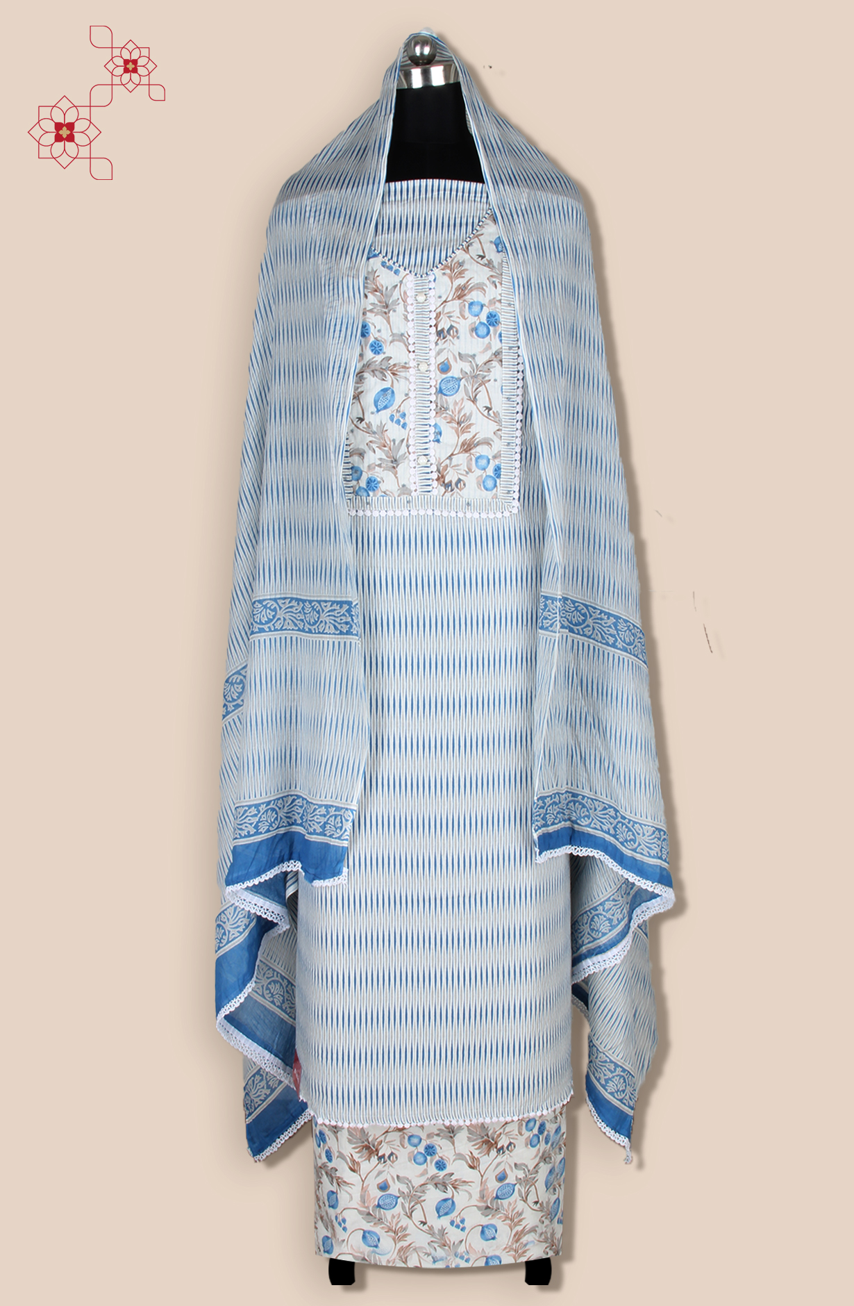 Off-white and Blue Cotton Unstitched Printed Salwar Dress Material - 983-5108