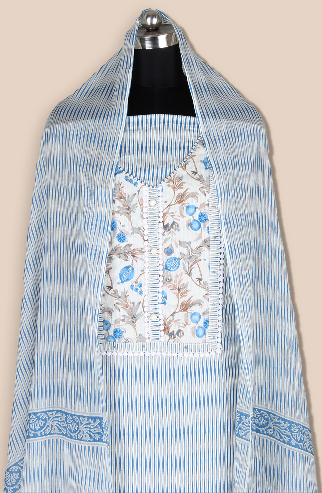 Off-white and Blue Cotton Unstitched Printed Salwar Dress Material - 983-5108