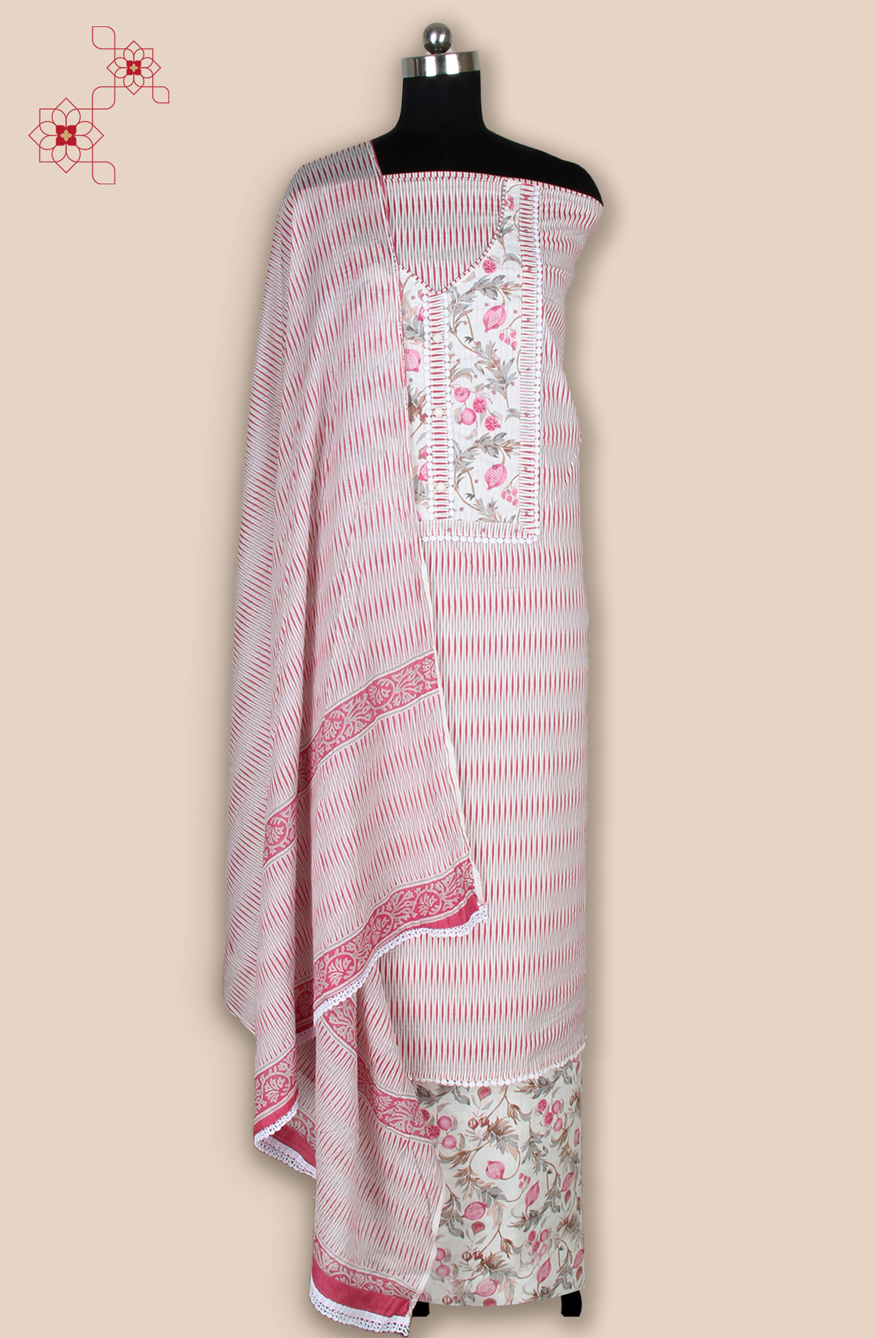 Off-white and Pink Cotton Unstitched Printed Salwar Dress Material - 983-5108A