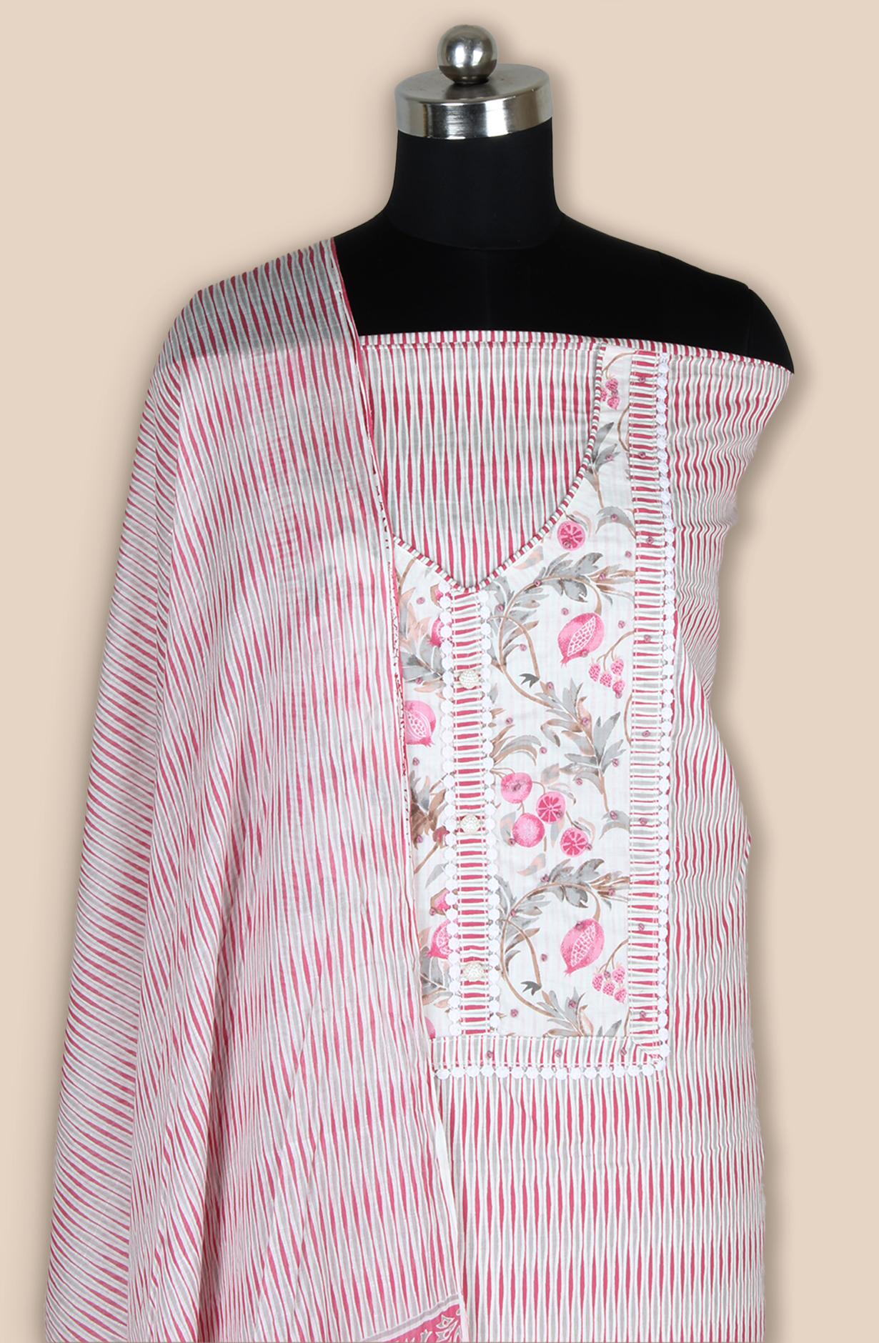 Off-white and Pink Cotton Unstitched Printed Salwar Dress Material - 983-5108A