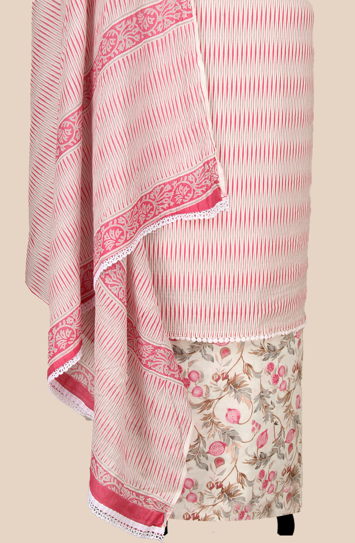 Off-white and Pink Cotton Unstitched Printed Salwar Dress Material - 983-5108A