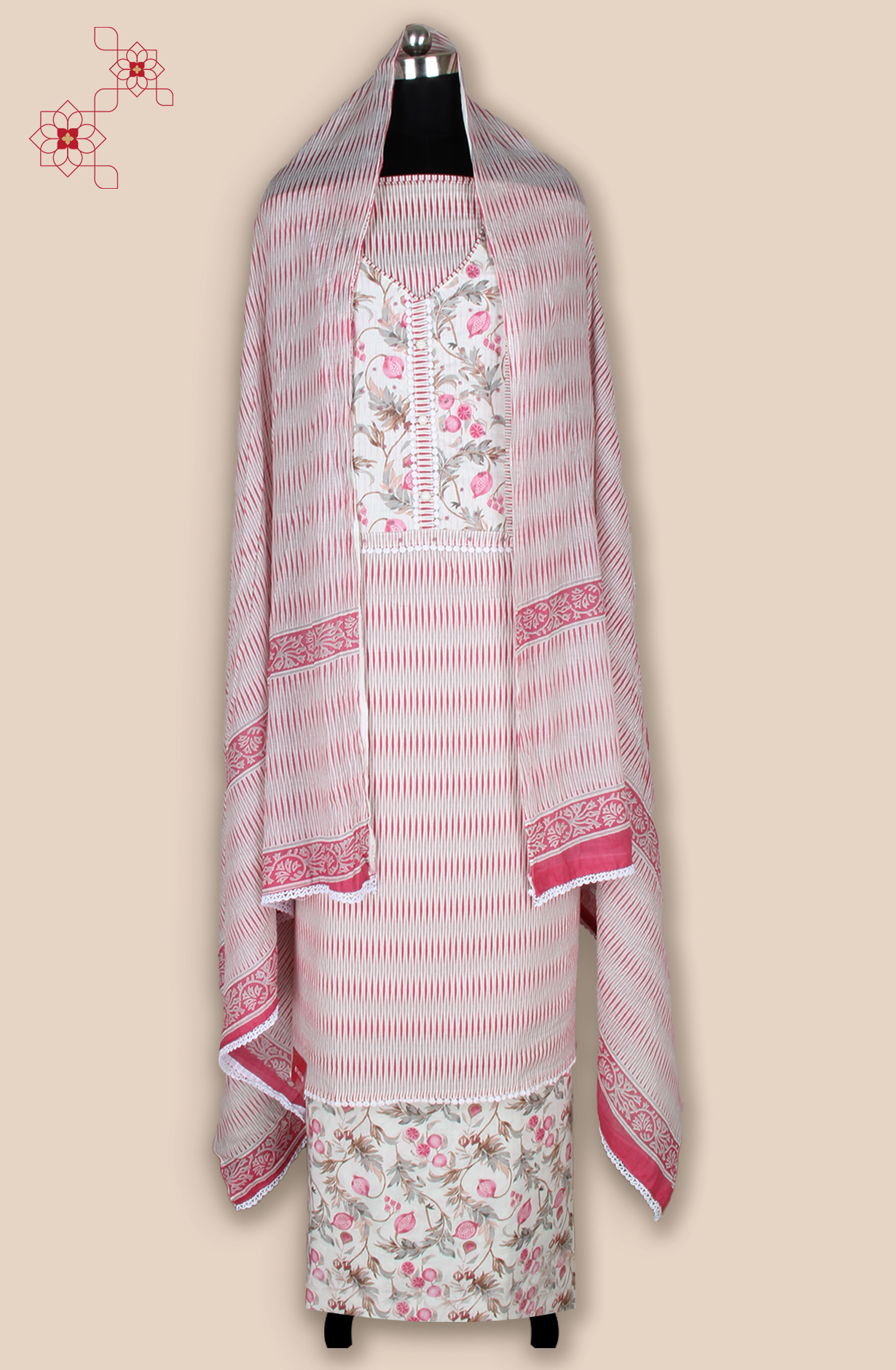 Off-white and Pink Cotton Unstitched Printed Salwar Dress Material - 983-5108A
