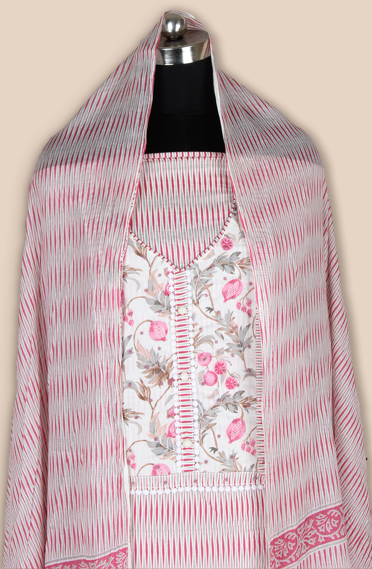 Off-white and Pink Cotton Unstitched Printed Salwar Dress Material - 983-5108A