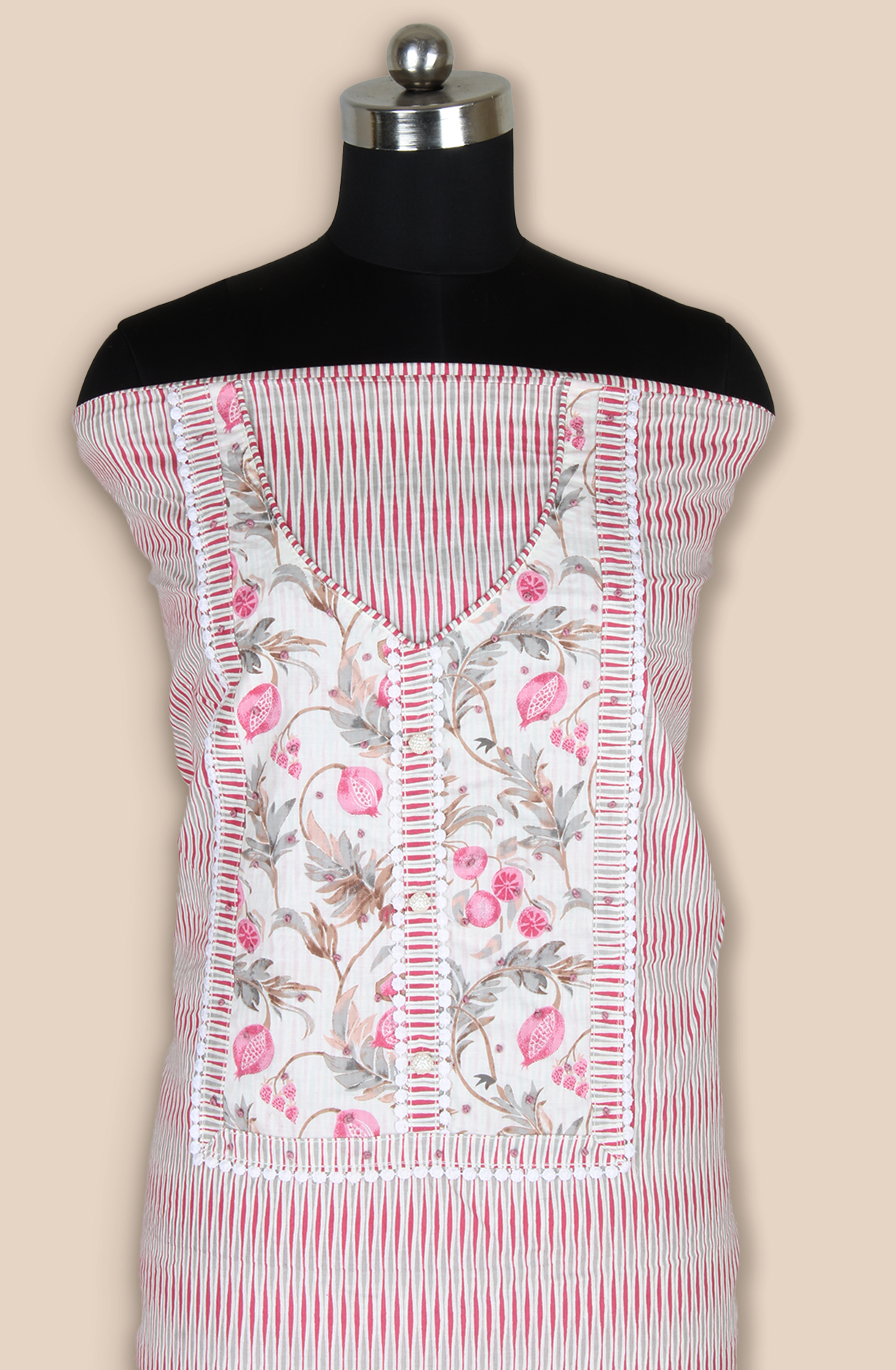 Off-white and Pink Cotton Unstitched Printed Salwar Dress Material - 983-5108A