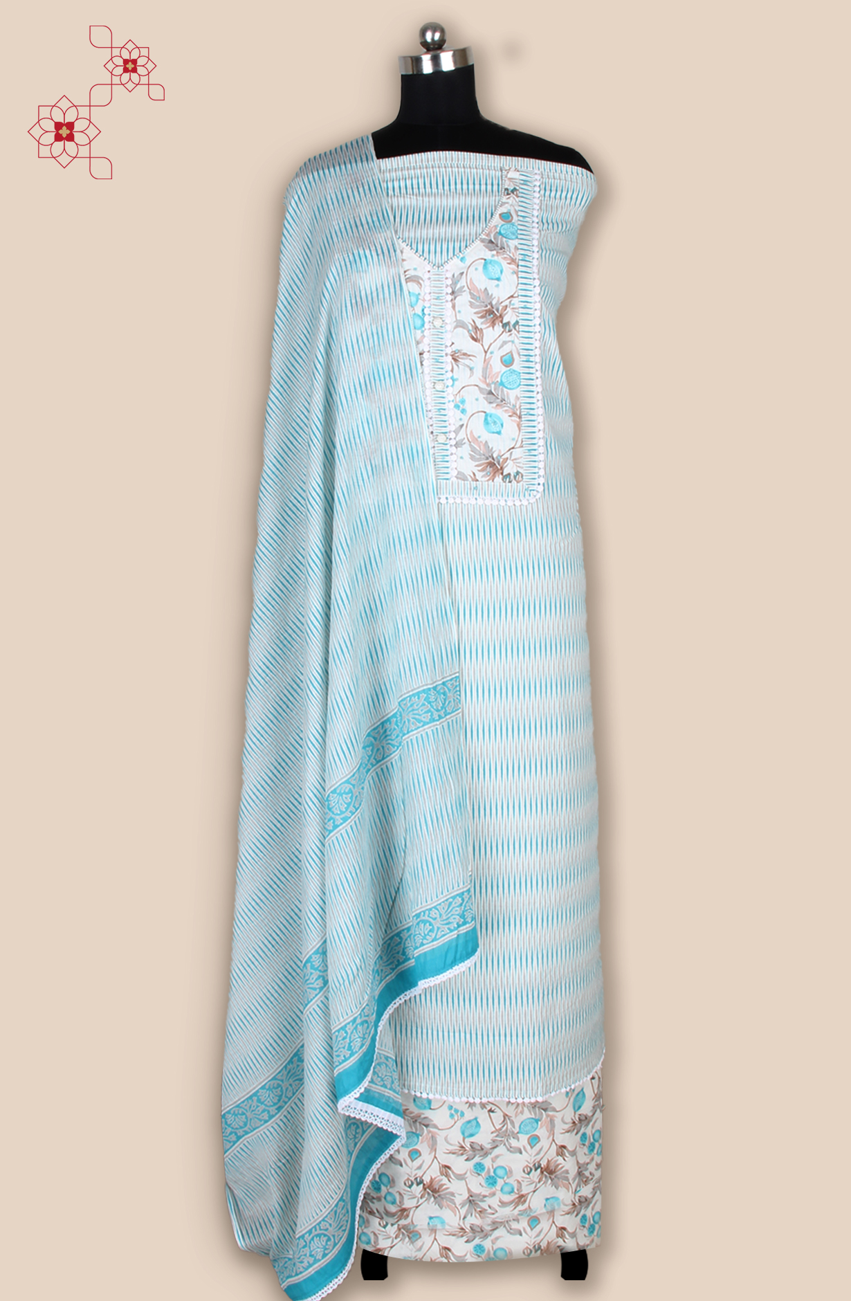 Off-white and Green Cotton Unstitched Printed Salwar Dress Material - 983-5108B