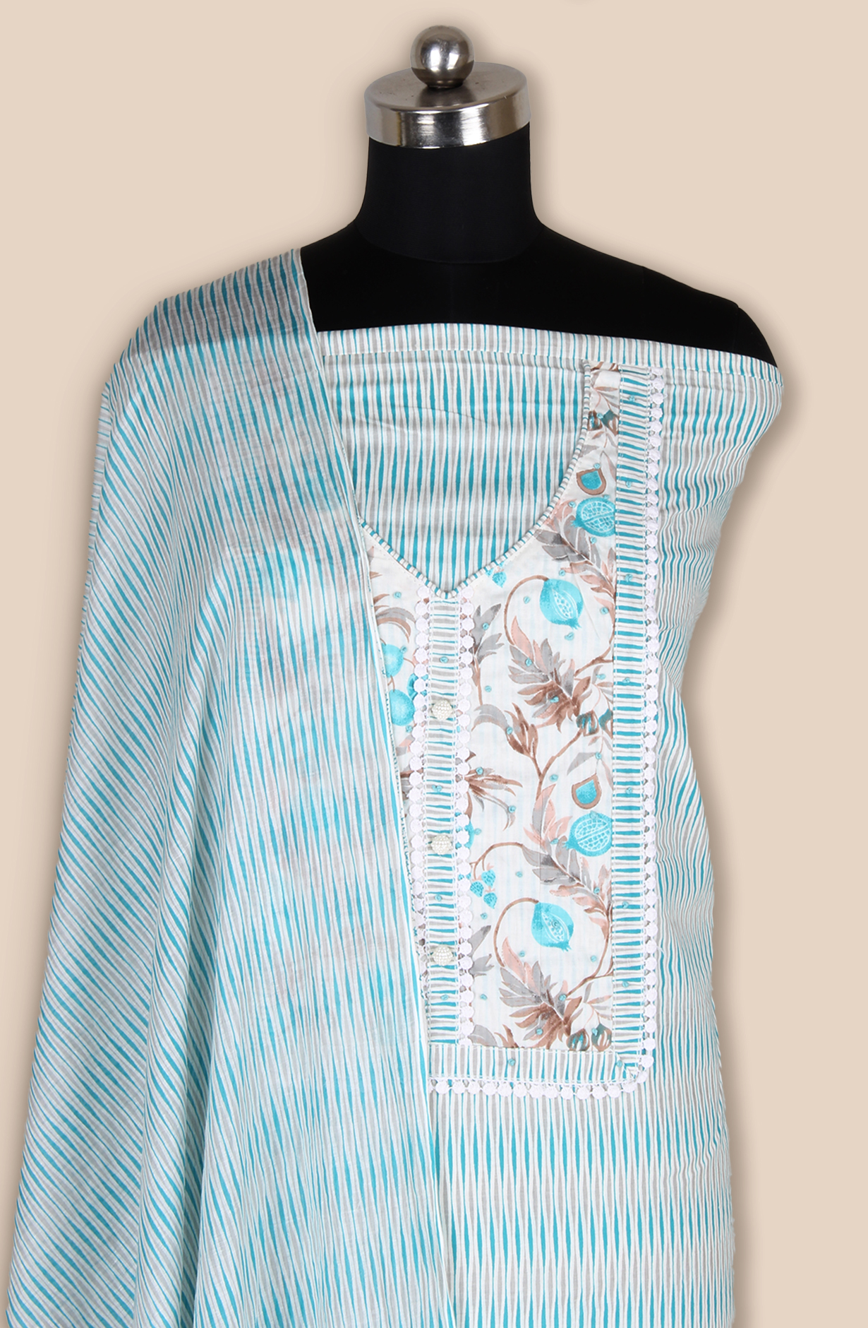 Off-white and Green Cotton Unstitched Printed Salwar Dress Material - 983-5108B