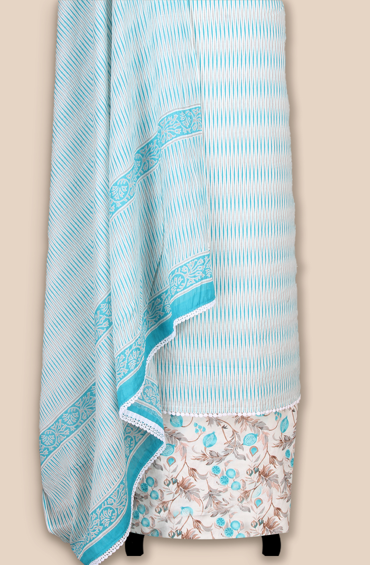 Off-white and Green Cotton Unstitched Printed Salwar Dress Material - 983-5108B