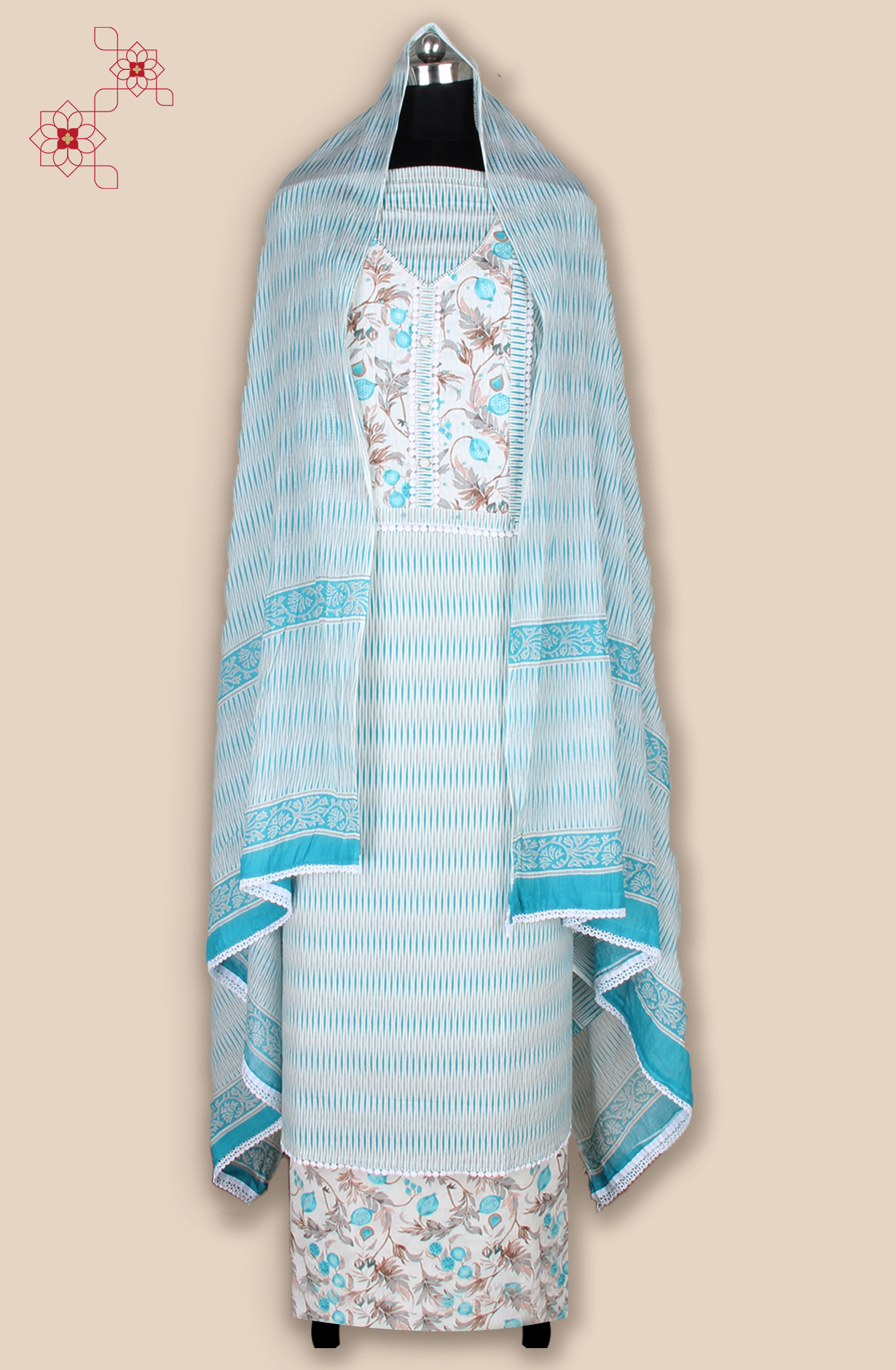 Off-white and Green Cotton Unstitched Printed Salwar Dress Material - 983-5108B