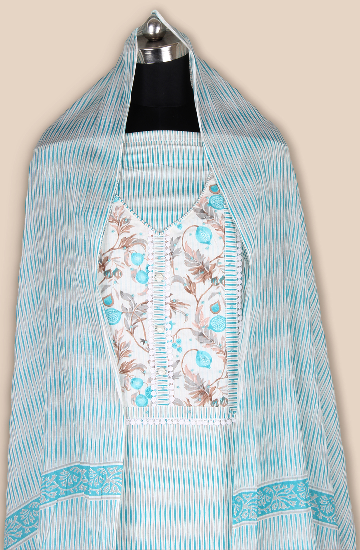 Off-white and Green Cotton Unstitched Printed Salwar Dress Material - 983-5108B