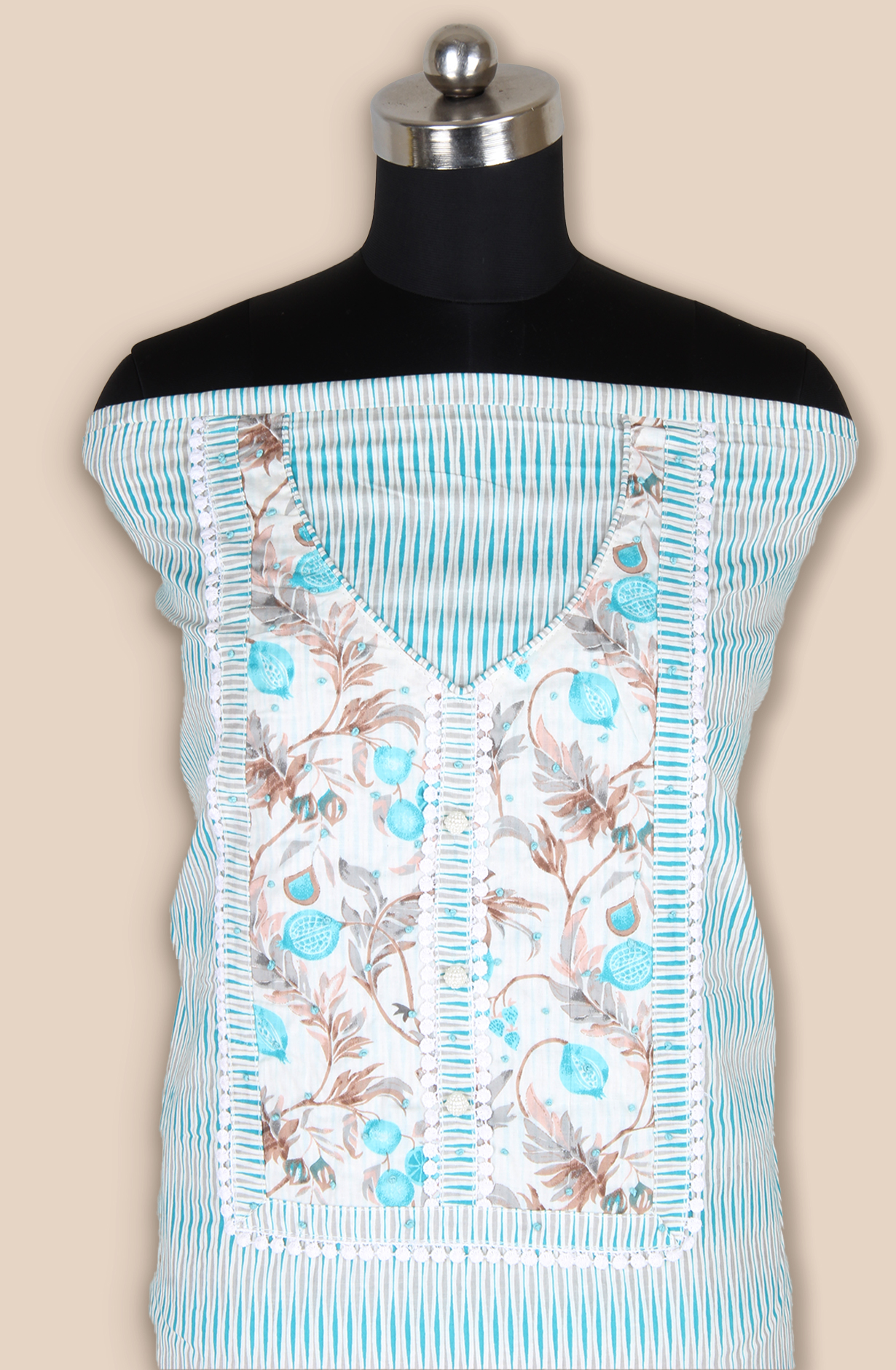 Off-white and Green Cotton Unstitched Printed Salwar Dress Material - 983-5108B