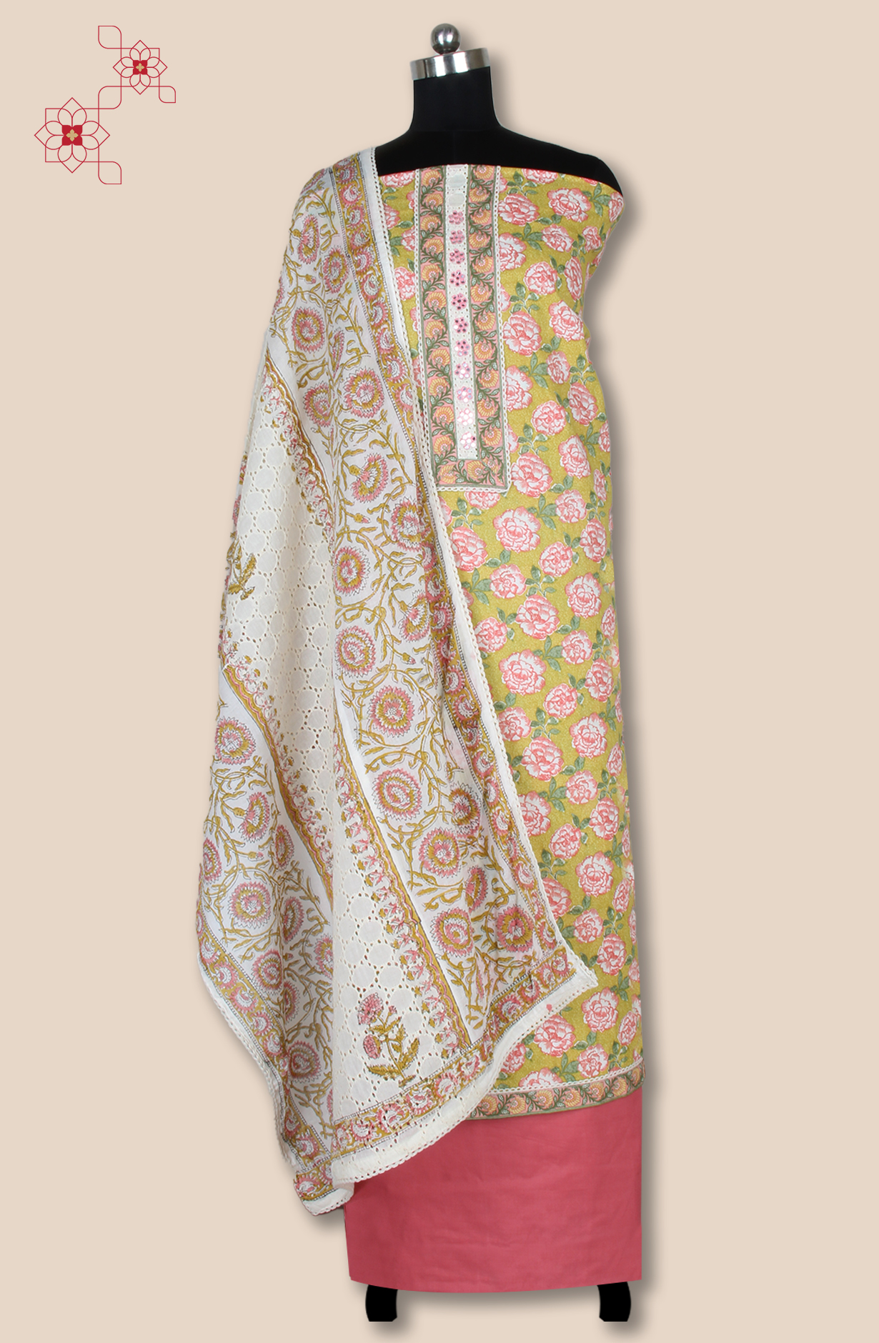 Multicolor Cotton Printed Salwar Suit Fabric with Lace Work - 983-5120