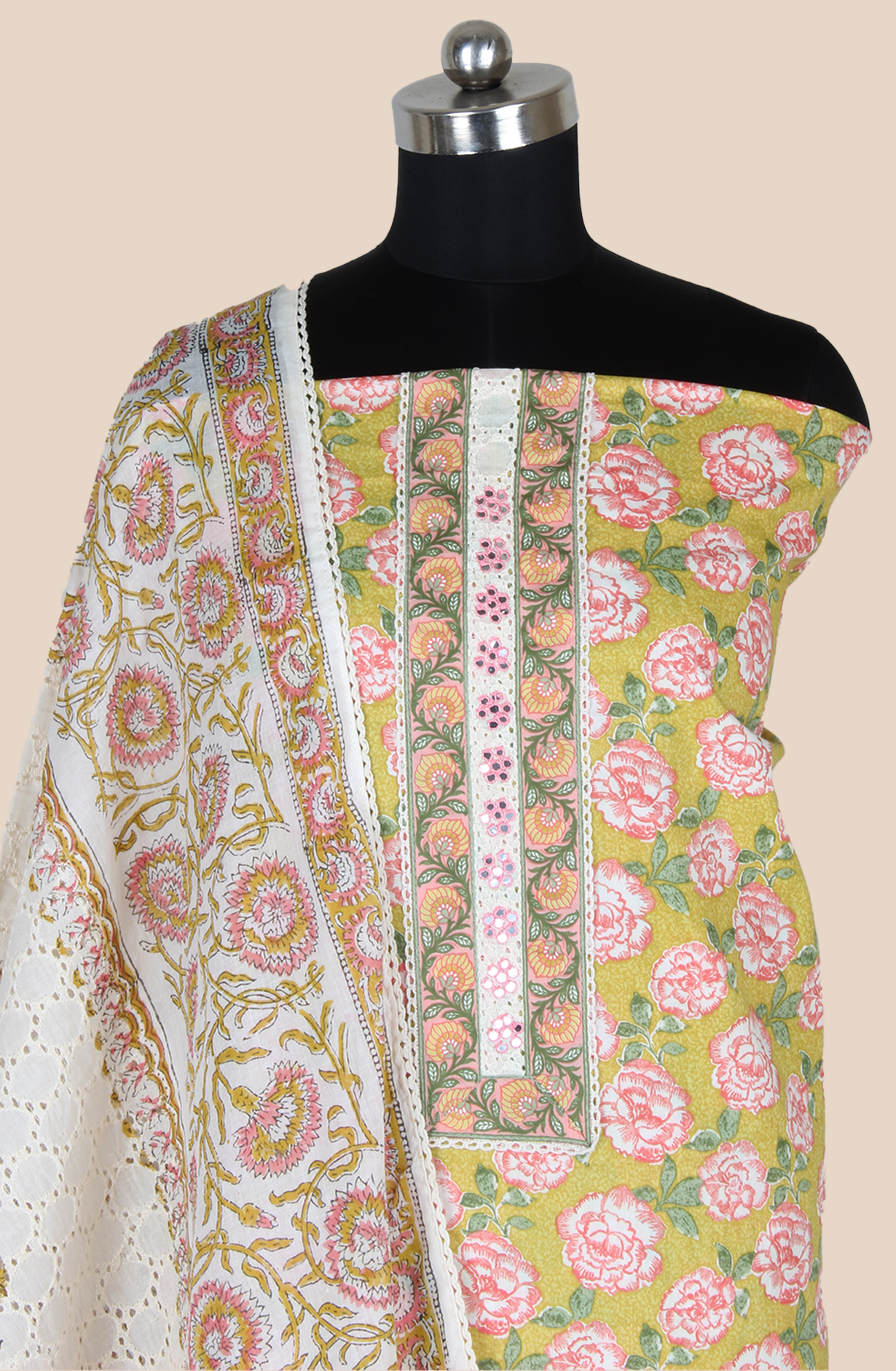 Multicolor Cotton Printed Salwar Suit Fabric with Lace Work - 983-5120