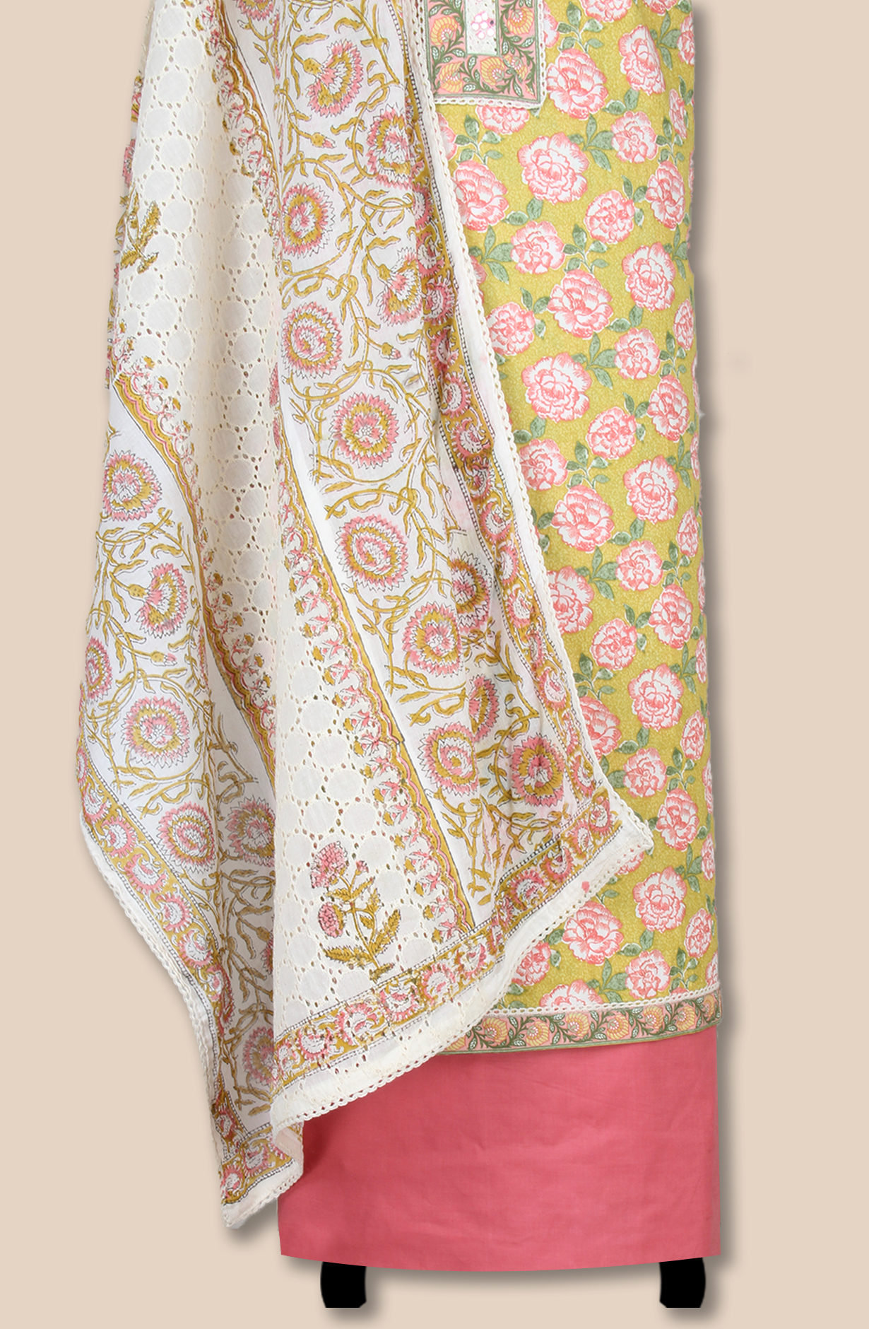 Multicolor Cotton Printed Salwar Suit Fabric with Lace Work - 983-5120