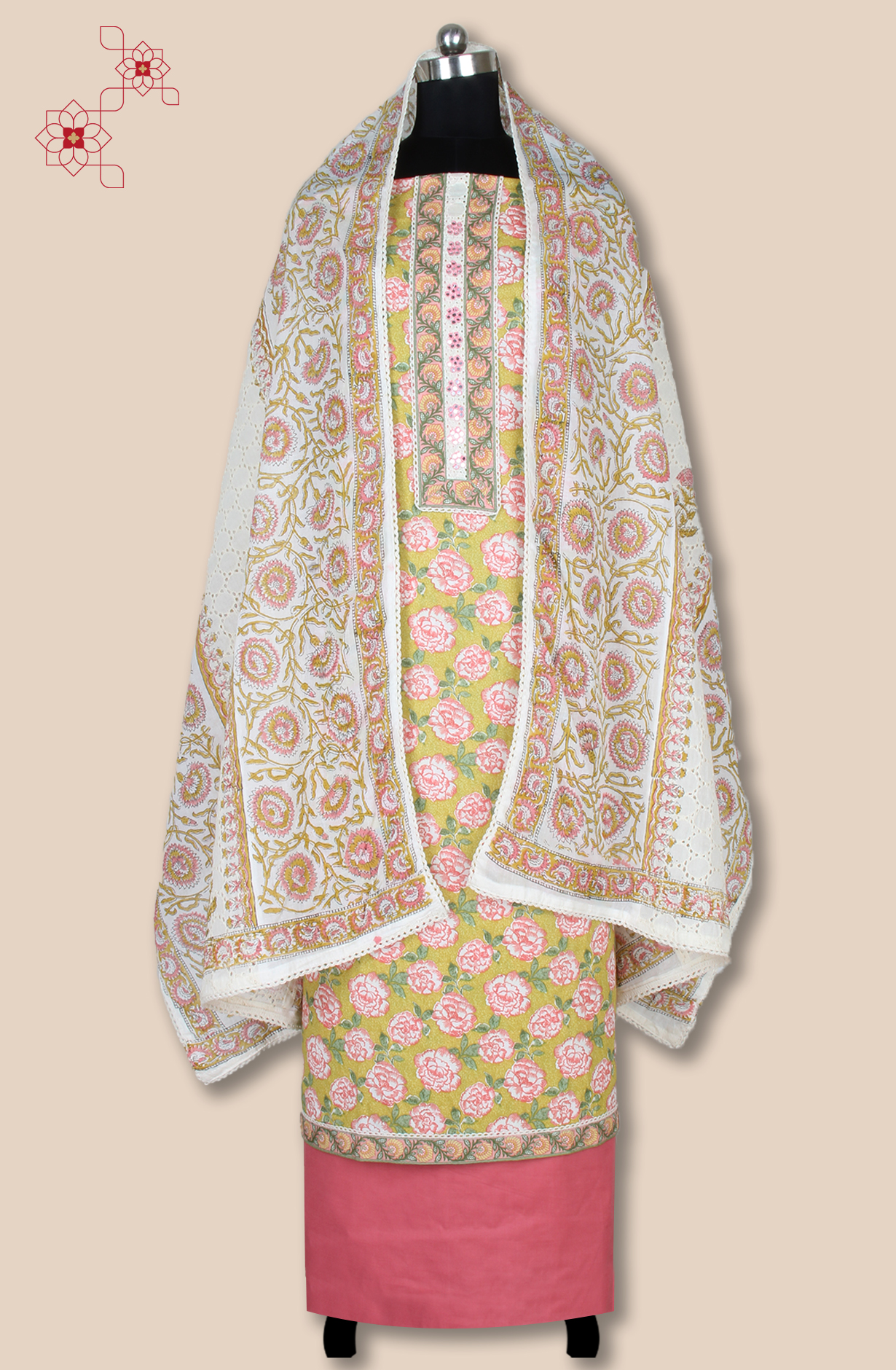 Multicolor Cotton Printed Salwar Suit Fabric with Lace Work - 983-5120