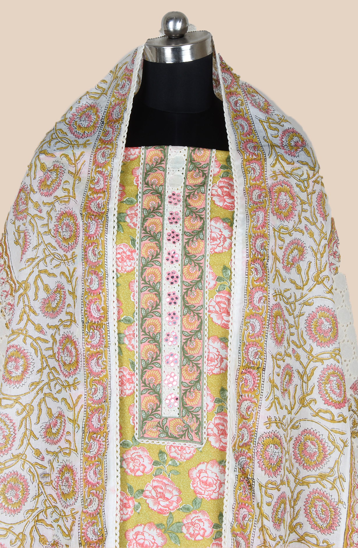 Multicolor Cotton Printed Salwar Suit Fabric with Lace Work - 983-5120