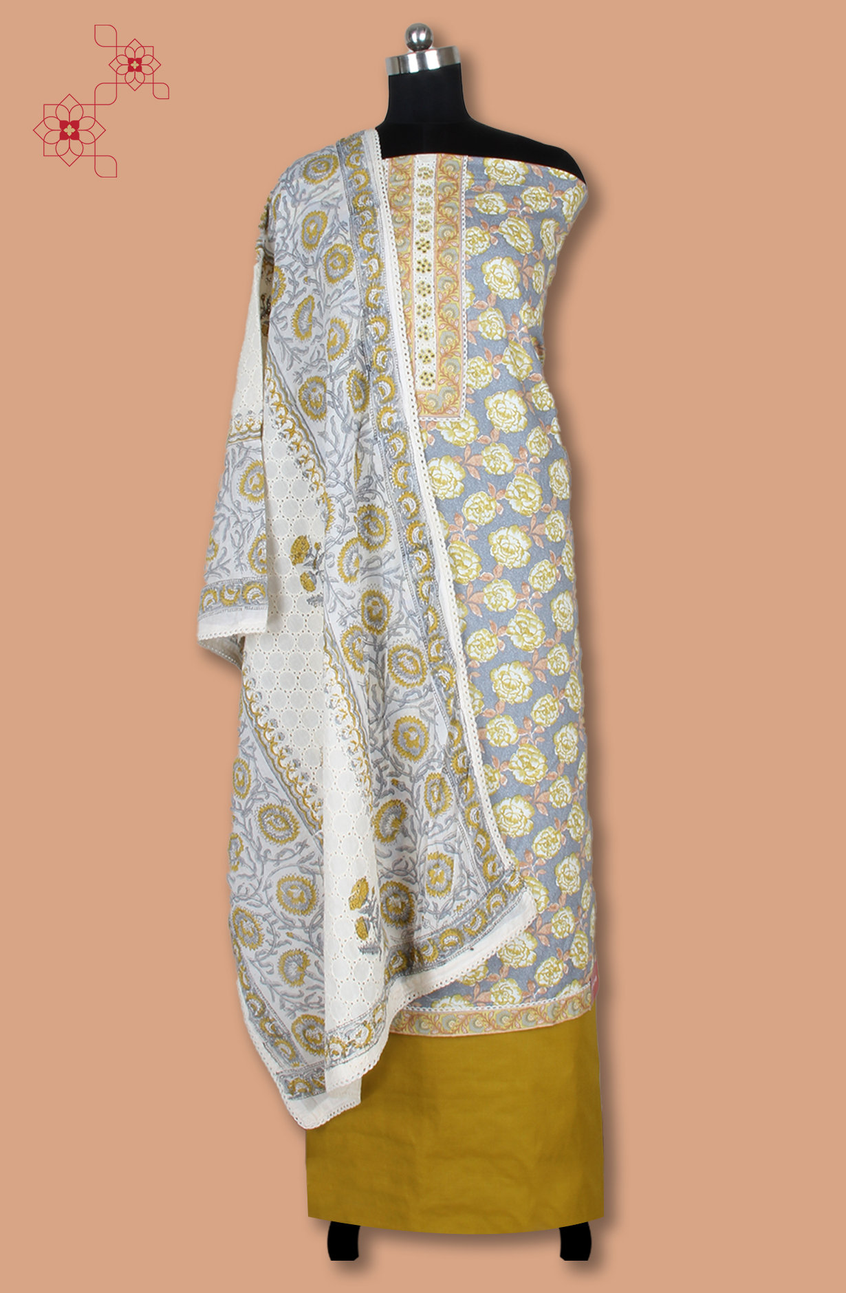 Multicolor Cotton Printed Salwar Suit Fabric with Lace Work - 983-5120B