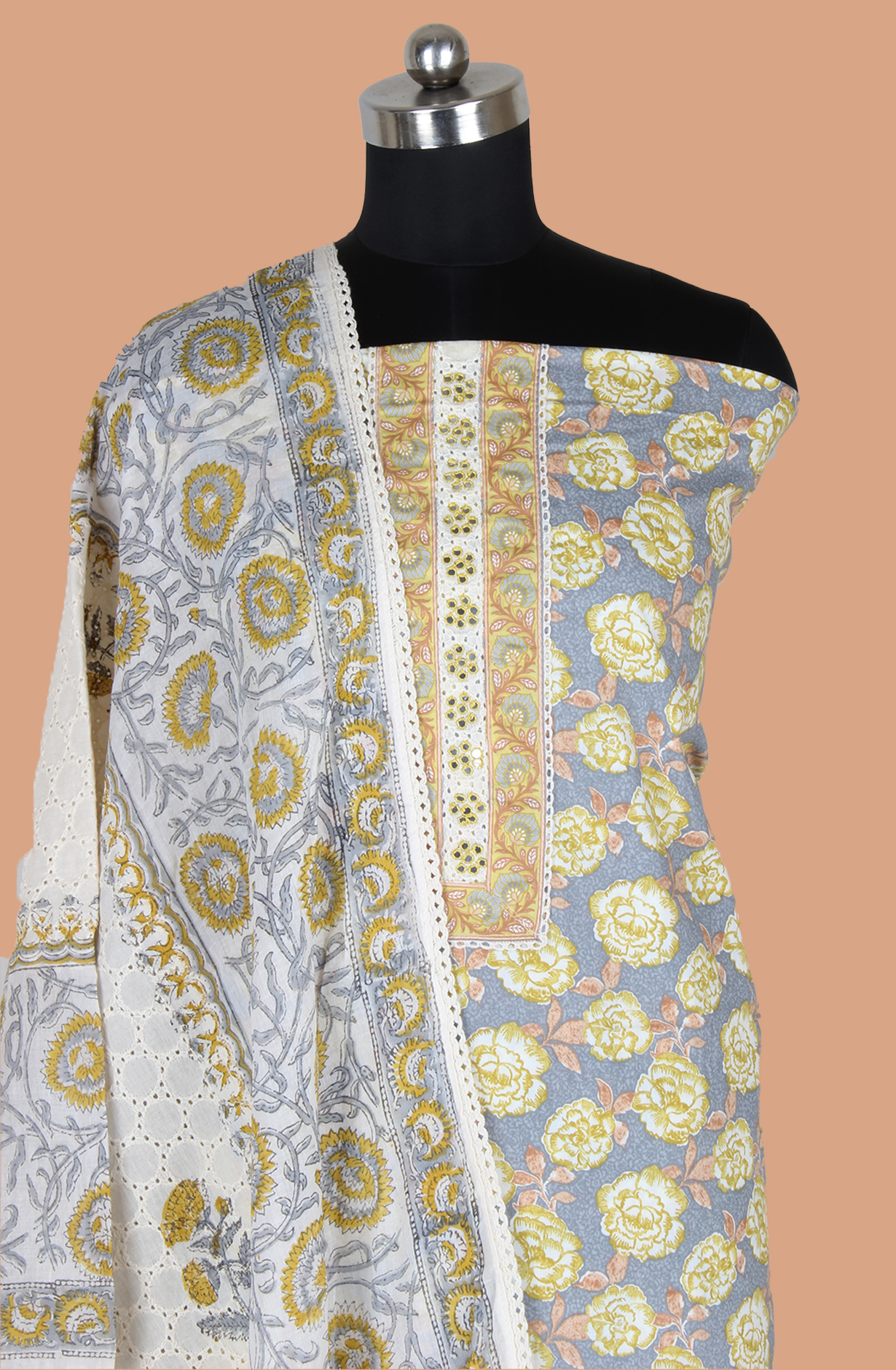 Multicolor Cotton Printed Salwar Suit Fabric with Lace Work - 983-5120B