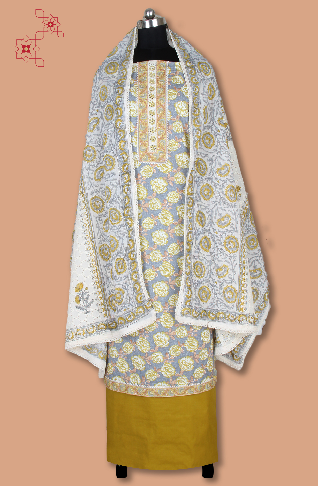 Multicolor Cotton Printed Salwar Suit Fabric with Lace Work - 983-5120B