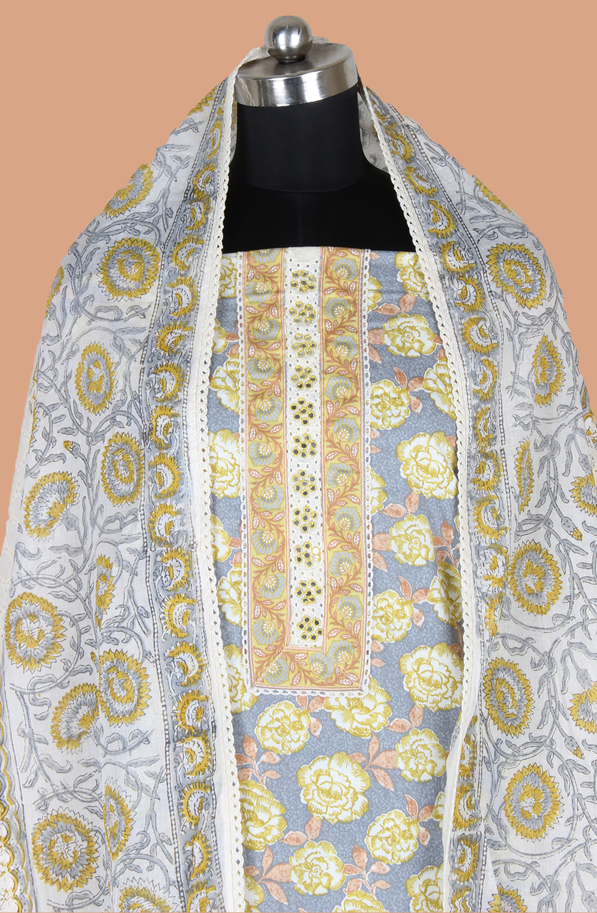 Multicolor Cotton Printed Salwar Suit Fabric with Lace Work - 983-5120B