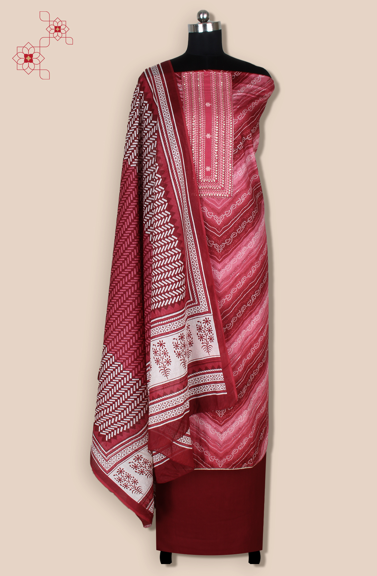 Maroon Cotton Unstitched Printed Salwar Dress Material - 983-5132A