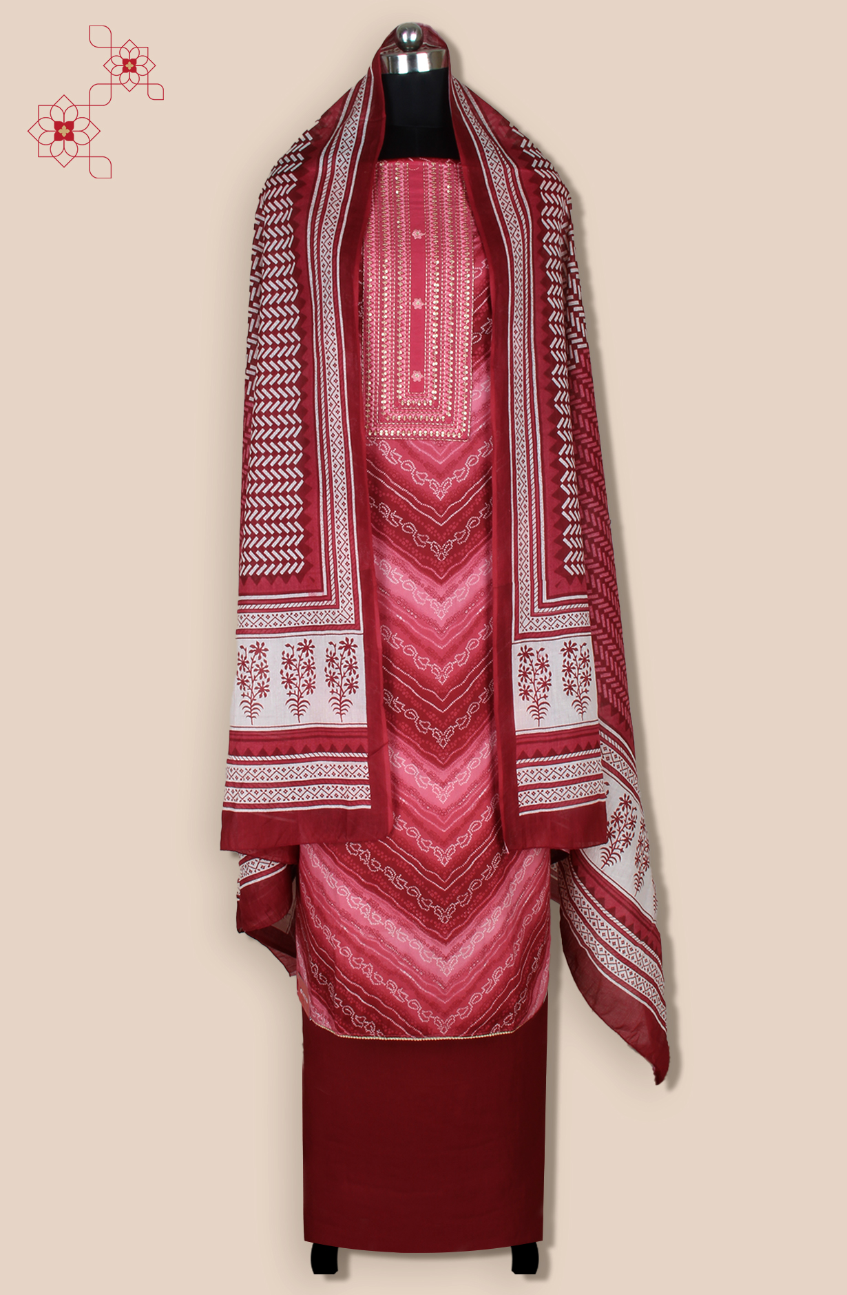 Maroon Cotton Unstitched Printed Salwar Dress Material - 983-5132A