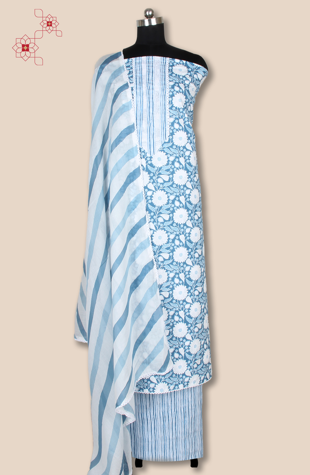 Pastel Blue Cotton Printed Salwar Suit Fabric with Lace Work - 983-5138-2A