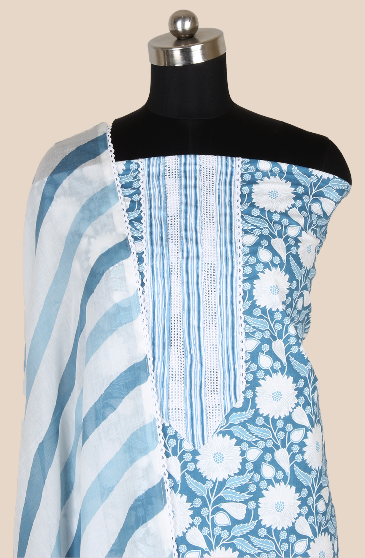 Pastel Blue Cotton Printed Salwar Suit Fabric with Lace Work - 983-5138-2A
