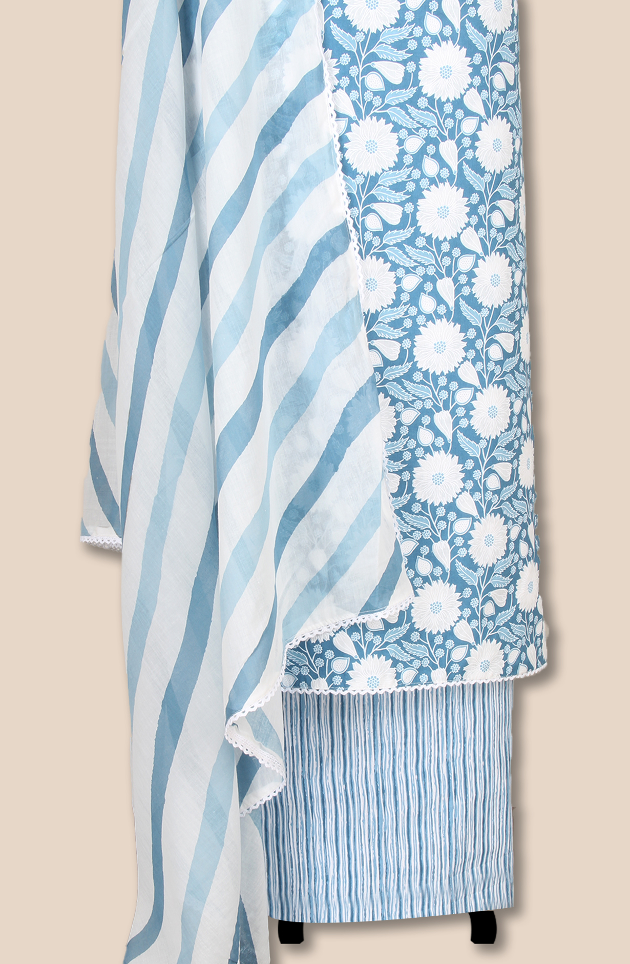 Pastel Blue Cotton Printed Salwar Suit Fabric with Lace Work - 983-5138-2A