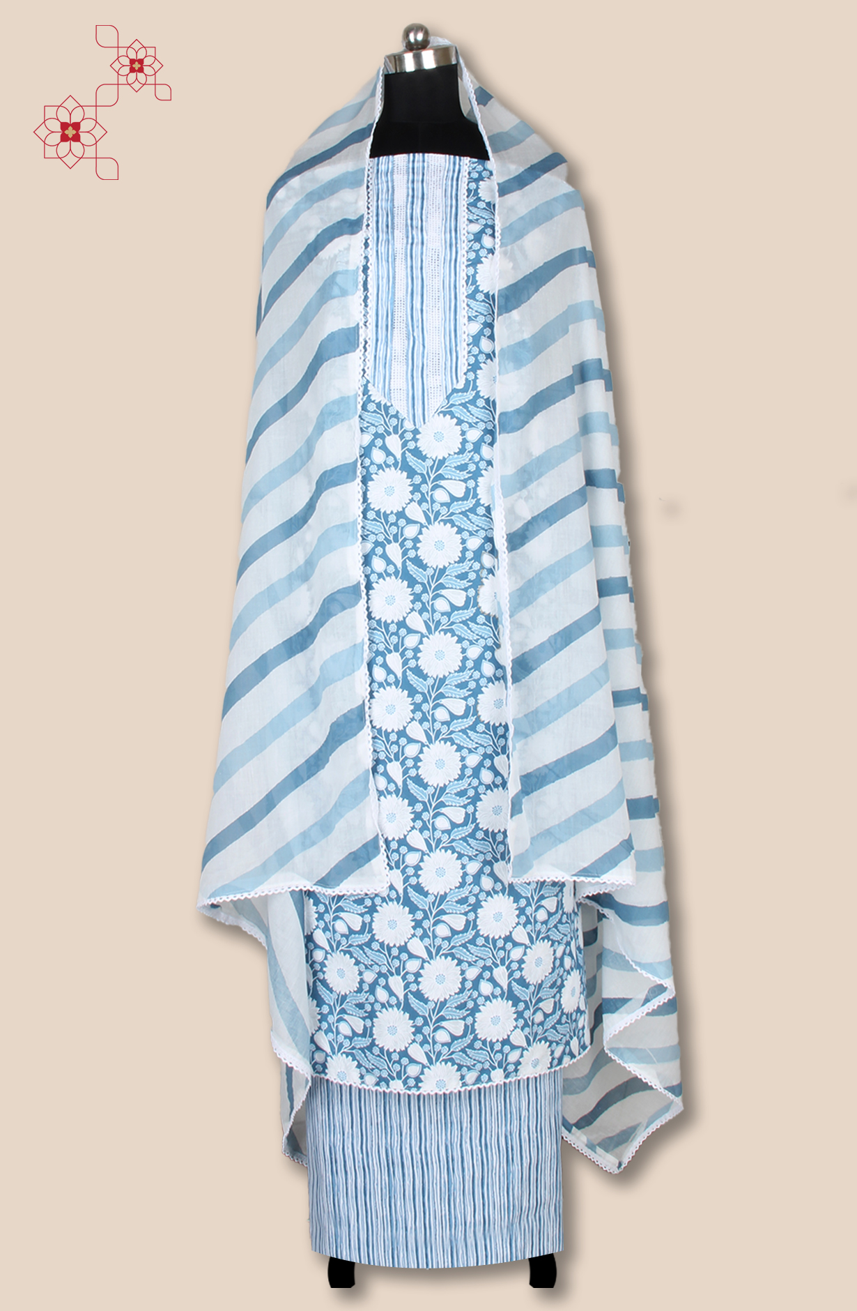 Pastel Blue Cotton Printed Salwar Suit Fabric with Lace Work - 983-5138-2A