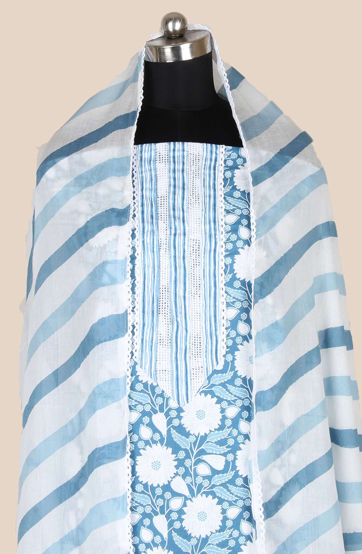 Pastel Blue Cotton Printed Salwar Suit Fabric with Lace Work - 983-5138-2A