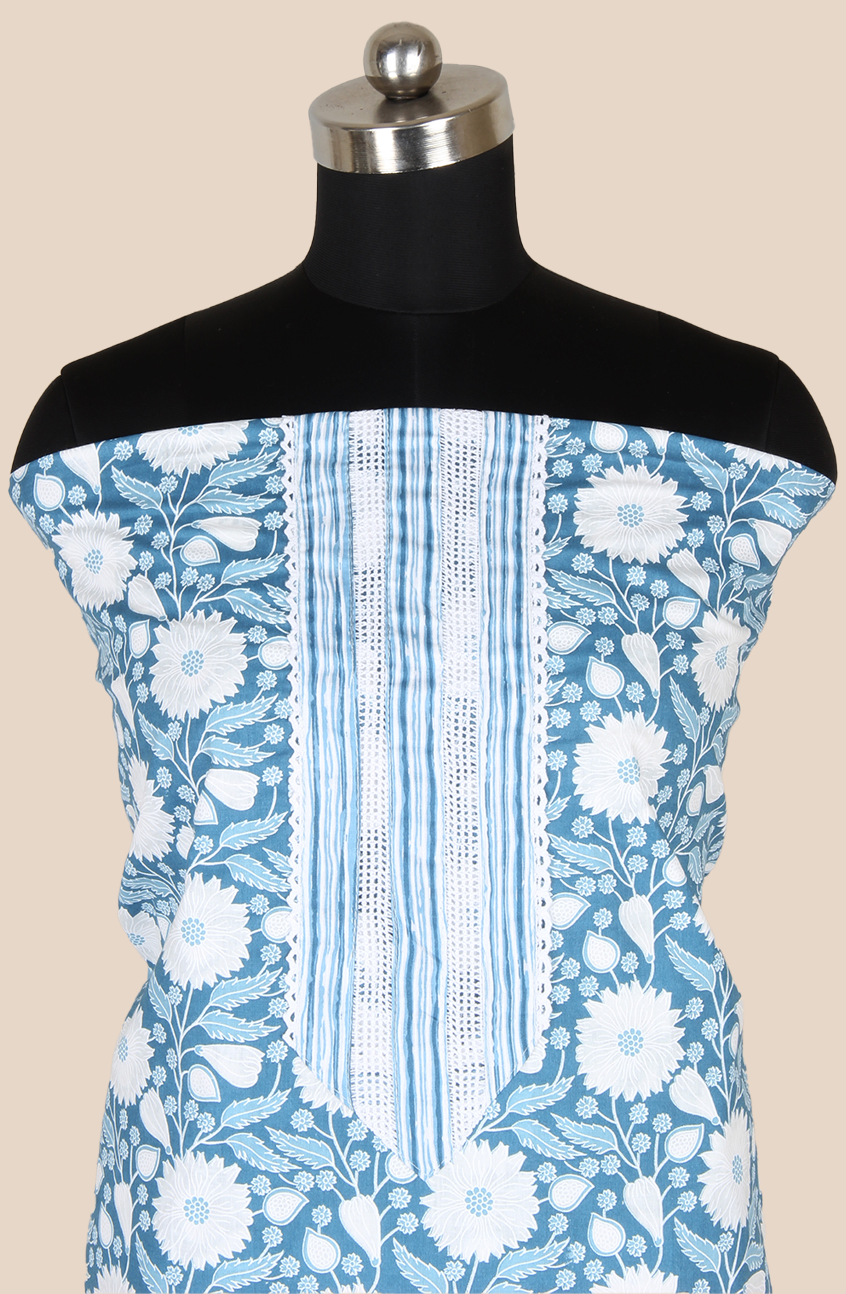 Pastel Blue Cotton Printed Salwar Suit Fabric with Lace Work - 983-5138-2A