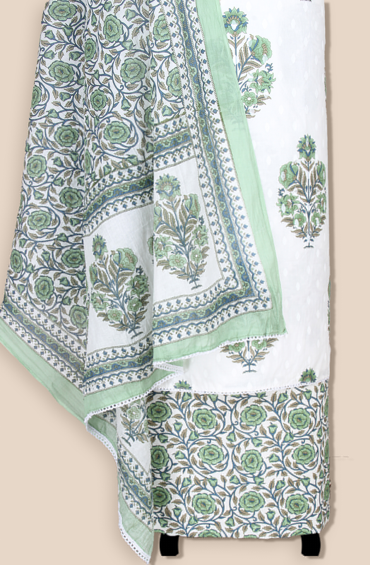 Off-white and Green Cotton Unstitched Printed Salwar Dress Material - 983-5221