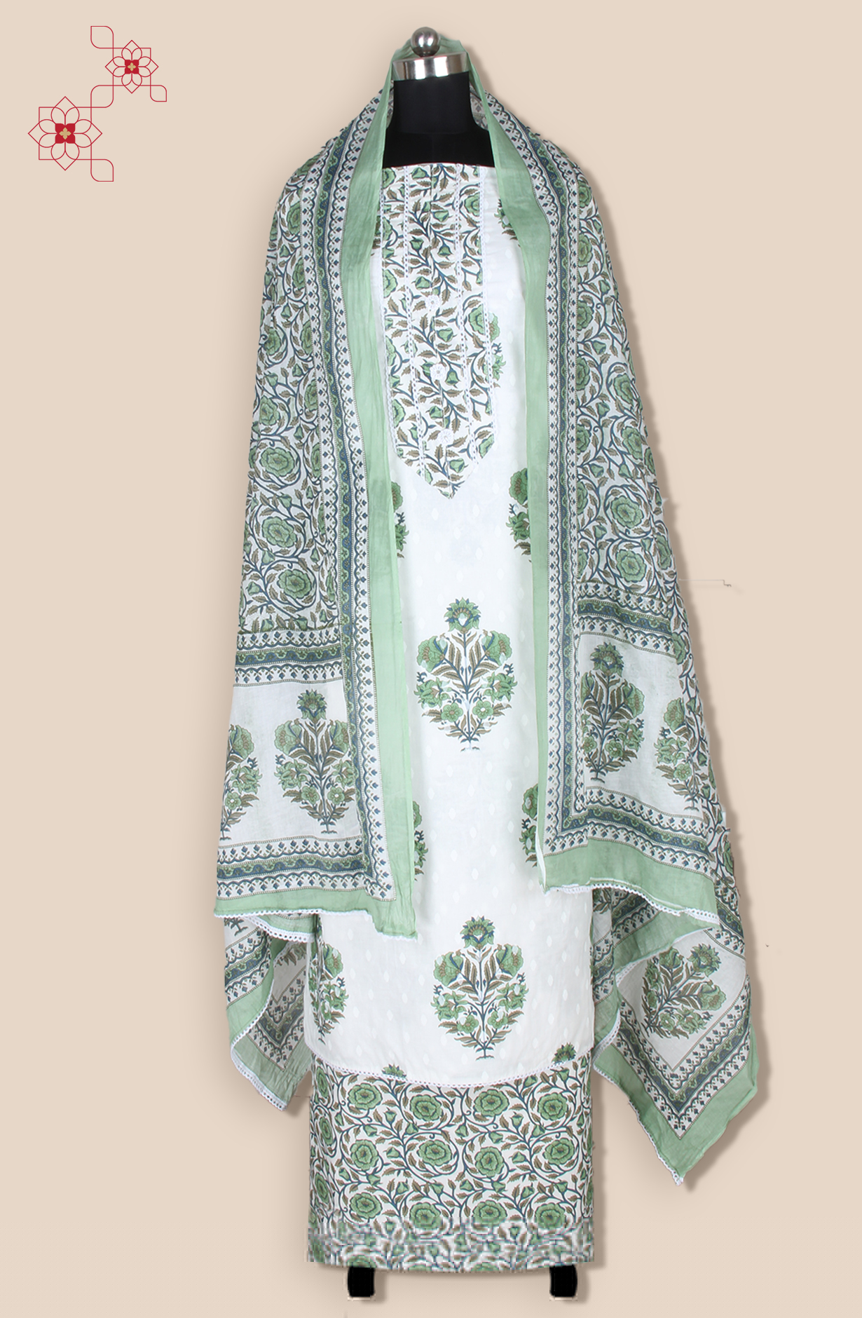 Off-white and Green Cotton Unstitched Printed Salwar Dress Material - 983-5221