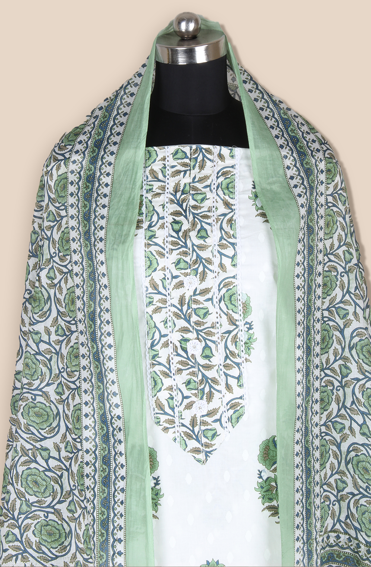 Off-white and Green Cotton Unstitched Printed Salwar Dress Material - 983-5221